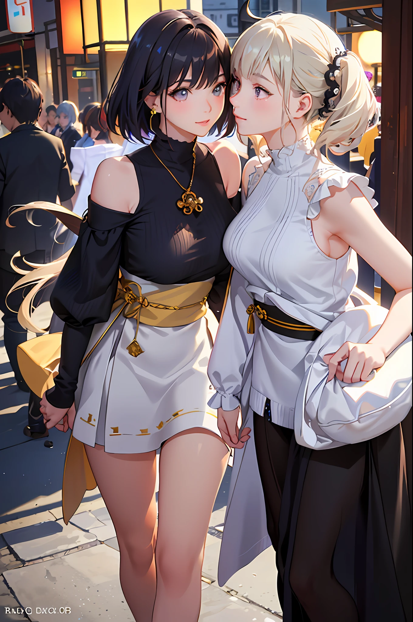 (Top Quality Details: 1.2), (Detailed Full Body RAW Photo of Young Girls Kissing Each Other), (Sleeveless Sweater, Pink, White, Horizontal Stripes: 1.3), Take Photo Together, Detailed Eyes, Mascara, Clean Eyes and Face, (White Skin), Jumping, Sweating, Laughing with Joy, Running, Active, Vibrant, Raised Arms, Realistic, 8K UHD, High Definition, Ultra Detail, High quality textures, intricate details, detailed textures, fine details, high detail, highly detailed CG, detailed and beautiful delicate face, detailed beautiful delicate eyes, depth of field, ray tracing, (beautiful 19 years old sexy Japan girl: 1.1), (cute Japan girl), medium breasts, tall_female, beautiful_legs, glow eyes, blush, shiny lips, perfect body, skinny, (black hair, bob: 1.1), street, sunlight, standing, lens flare, earrings, model, looking at viewer, (happy smile:1.1), makeup, cowboy shot, frontal, (2 girls), cute, blonde, multiracial, white skin, (masterpiece: 1.0), (best quality: 1.4), (ultra high resolution: 1.2), ( Photorealistic:1.4), 8k resolution, Canon EOS R5, 50mm, Ultra detail, Sharp focus, Cinematic lighting, Detailed beautiful face, (ulzzang-6500-v1.1), (pale, smile, (Azure Lane\),