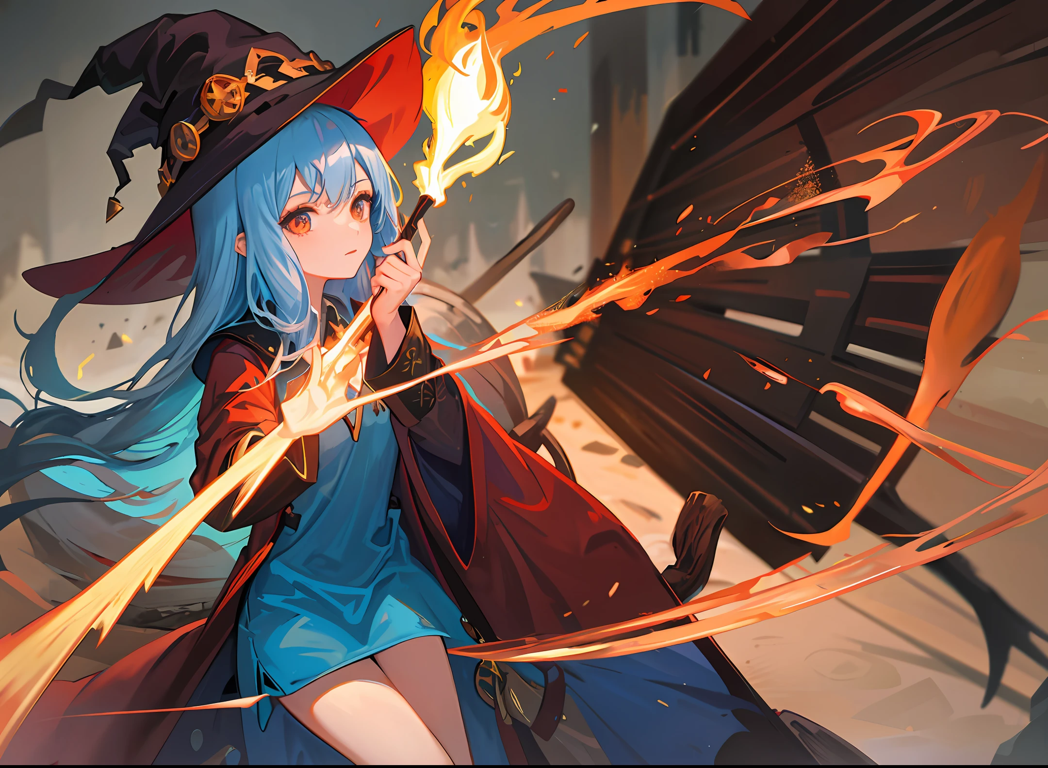 Young witch, long blue hair, short brown dress with wide long sleeves, brown hat with fire at the tip, holds a red wooden staff with a curved tip and a small flame at the tip
