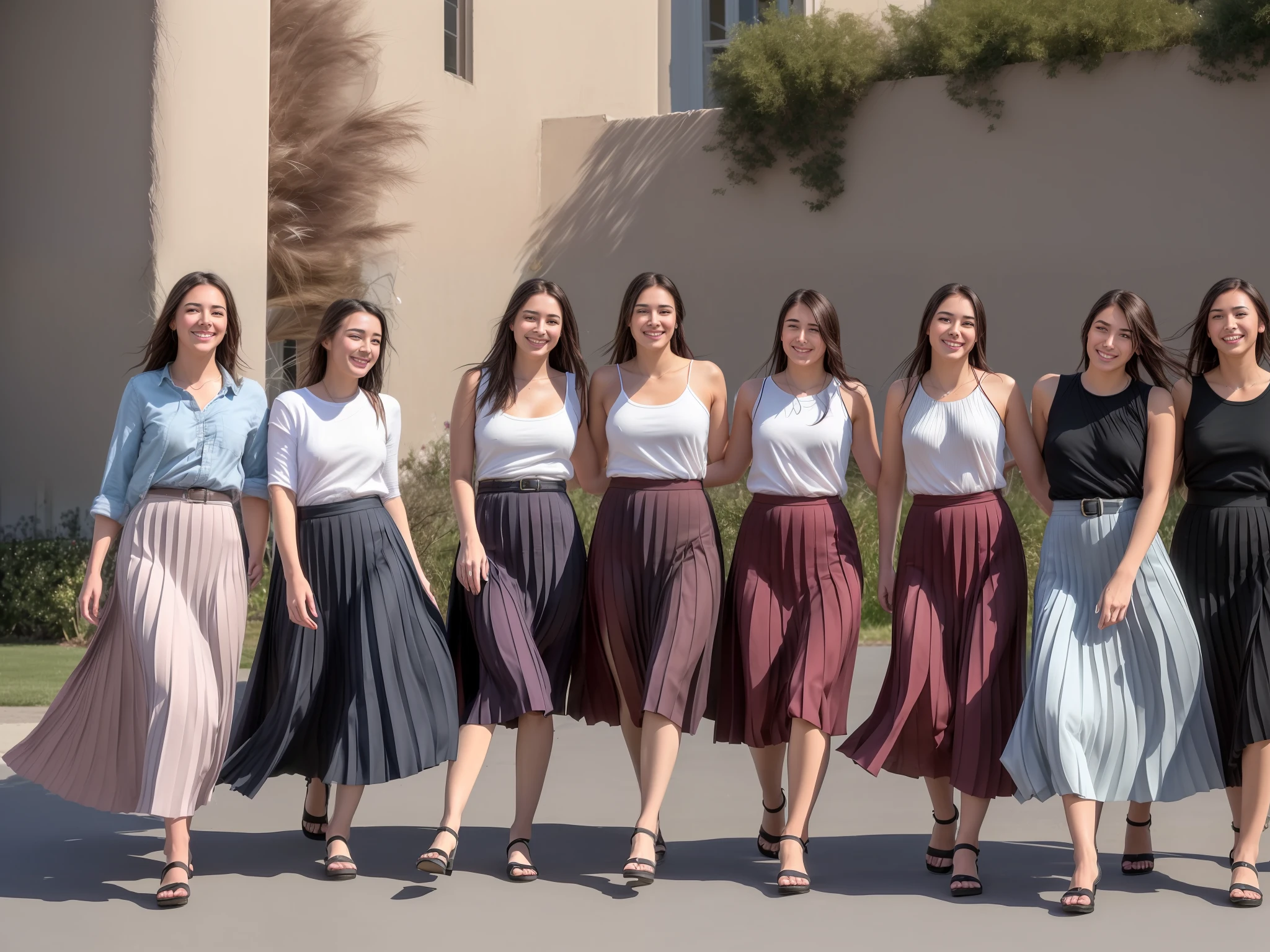 (8k UHD, DSLR, high fidelity, f/8, iso 100 group photograph of many tender, kind, flirty, smiling, attractive lesbian women who are going to love you and kiss you and they are all wearing long pleated skirts), (wind blowing, windy:1,1),