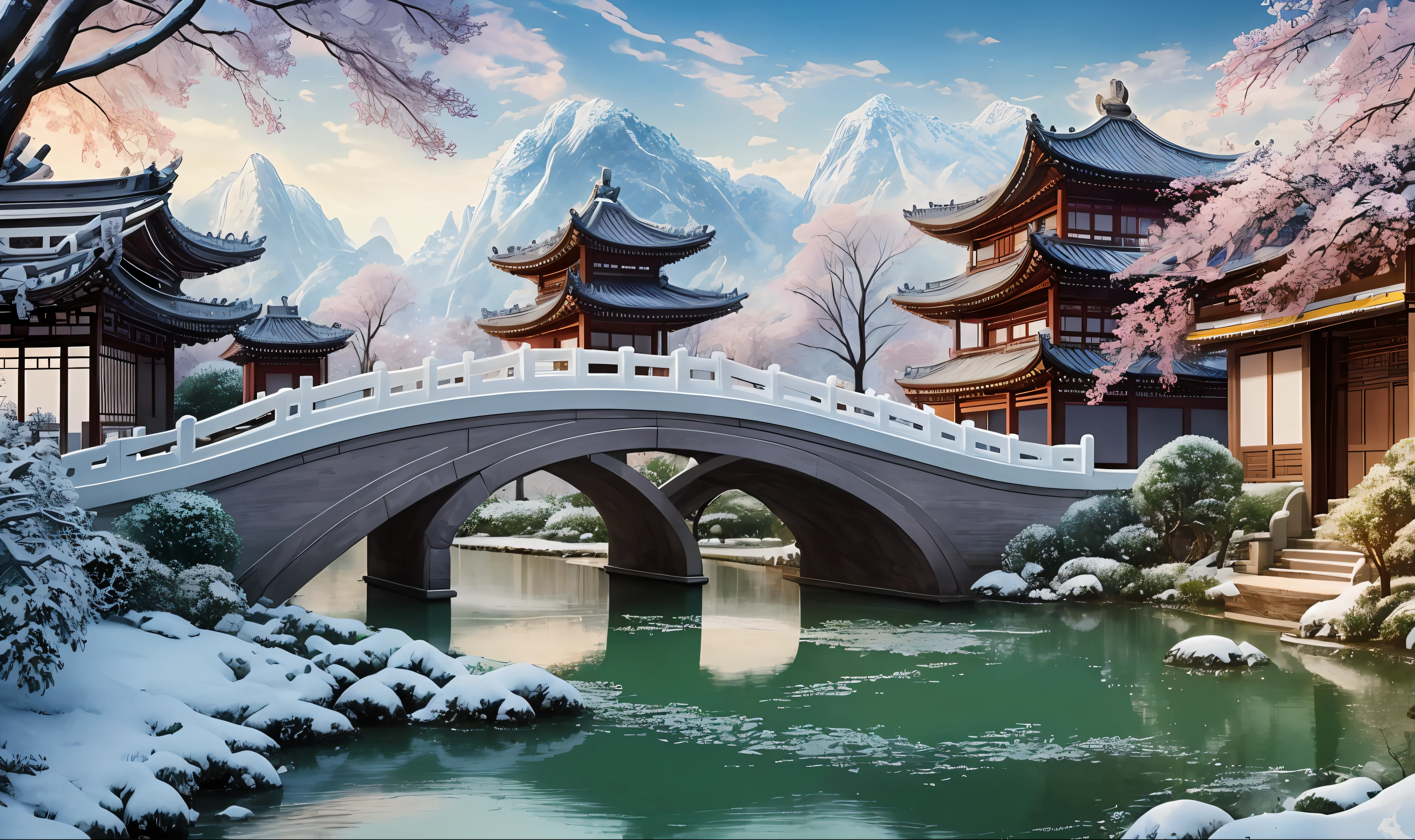 Masterpiece, best quality, high quality, extremely detailed CG unity 8k wallpaper, classical Chinese garden, landscape, amsterdam, winter, ((snowing)), outdoor, sky, daytime, landscape, water, tree, blue sky, waterfall , nature, lake, river, cloudy sky, award winning photography, bokeh, depth of field, HDR, bloom, chromatic aberration, photorealism, very detailed, trending on artstation, trending on CGsociety, intricate, high detail, dramatic, midjourney art