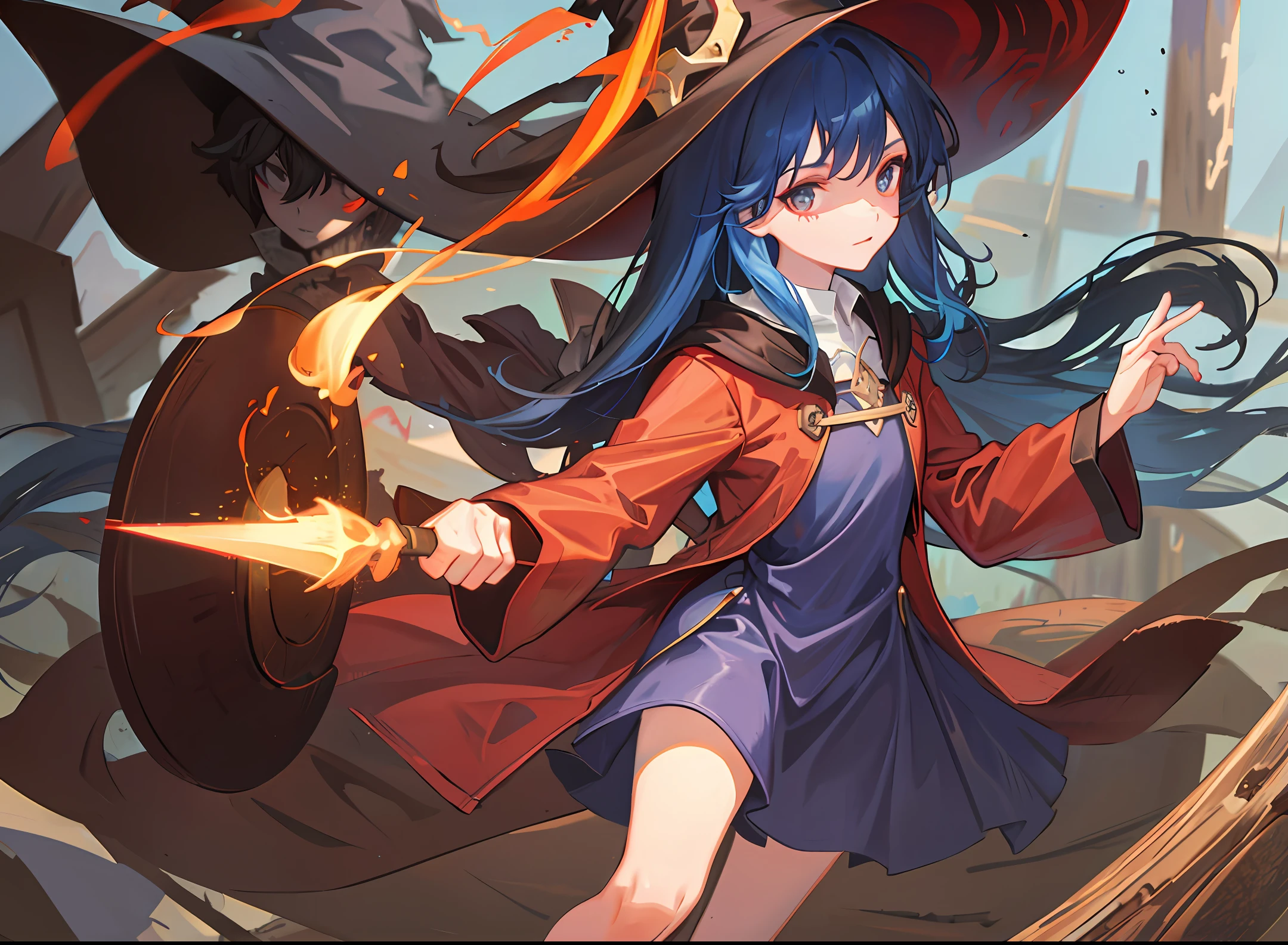 Young witch, long blue hair, short brown dress with wide long sleeves, brown hat with fire at the tip, holds a red wooden staff with a curved tip and a small flame at the tip