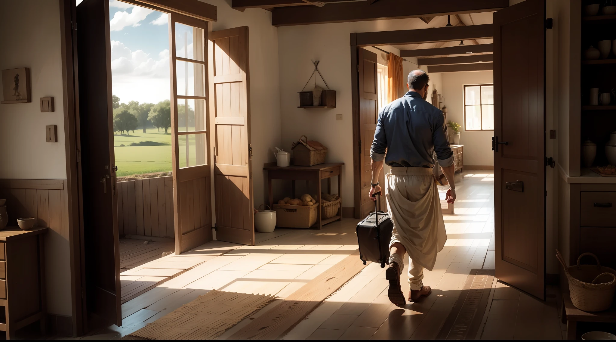 Man leaving farmhouse