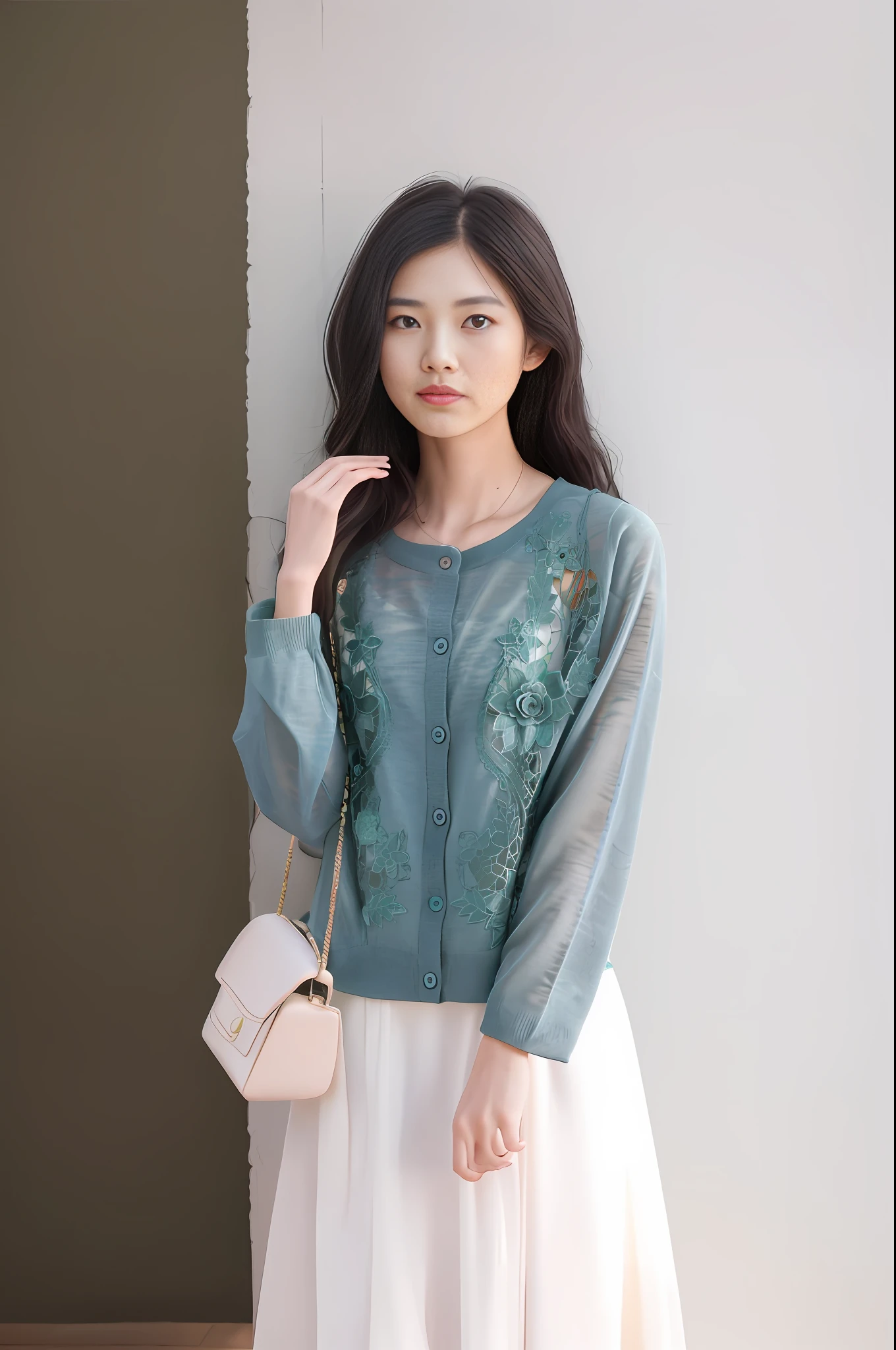 arafed woman in a white dress and a green cardigan, with teal clothes, korean women's fashion model, cardigan, official product image, casual green clothing, beautiful image, elegant clothes, green clothes, dark green, sha xi, sea - green and white clothes, chiffon, trendy clothes, beautiful clothes, jade green, product introduction photo, pastel green, lulu chen