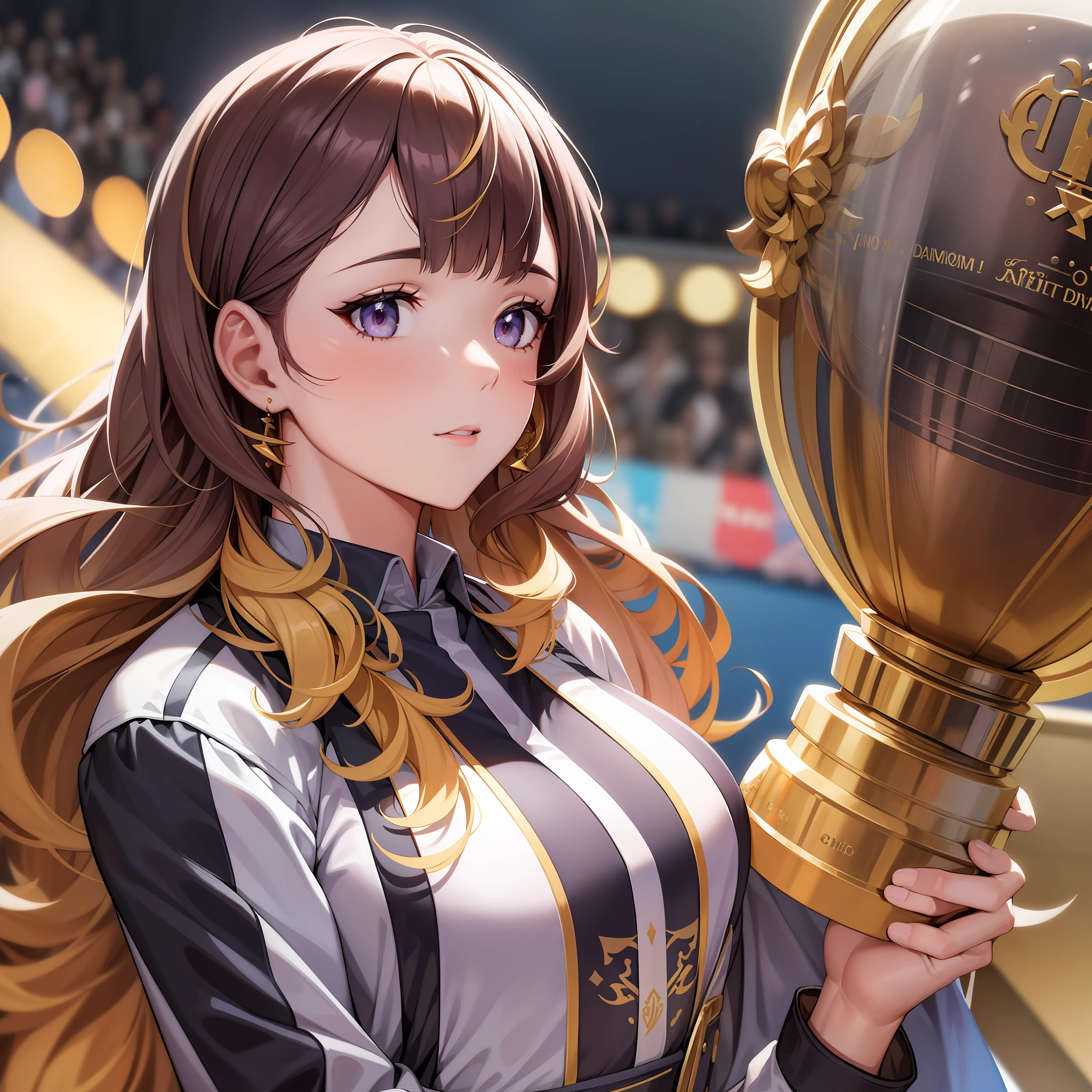 Color photo of Anya Melfissa holding the Ballon d'Or trophy, perfectly detailed and without any errors, with a look of pure joy and excitement on her face. She stands in front of a highly detailed and colorful background of a soccer stadium filled with cheering fans. Her long hair flows elegantly, and she wears a soccer uniform that accentuates her athletic build. The lighting is perfect, casting a soft glow on her face and highlighting her highly detailed features, including her eyes, which are full of emotion. The full-body shot captures her poise and athleticism as she holds the trophy high above her head with both hands. Camera settings include a high-end Canon DSLR with a fast telephoto lens and high-speed color film. Techniques include showcasing the exquisite details of Anya's face, hair, uniform, and the Ballon d'Or trophy she holds, making sure that there are no errors in the design. Directors, cinematographers, photographers, and fashion designers that would unlikely collaborate but would juxtapose uniquely include Quentin Tarantino, Janusz Kaminski, Helmut Newton, and Giorgio Armani. —c 10 —ar