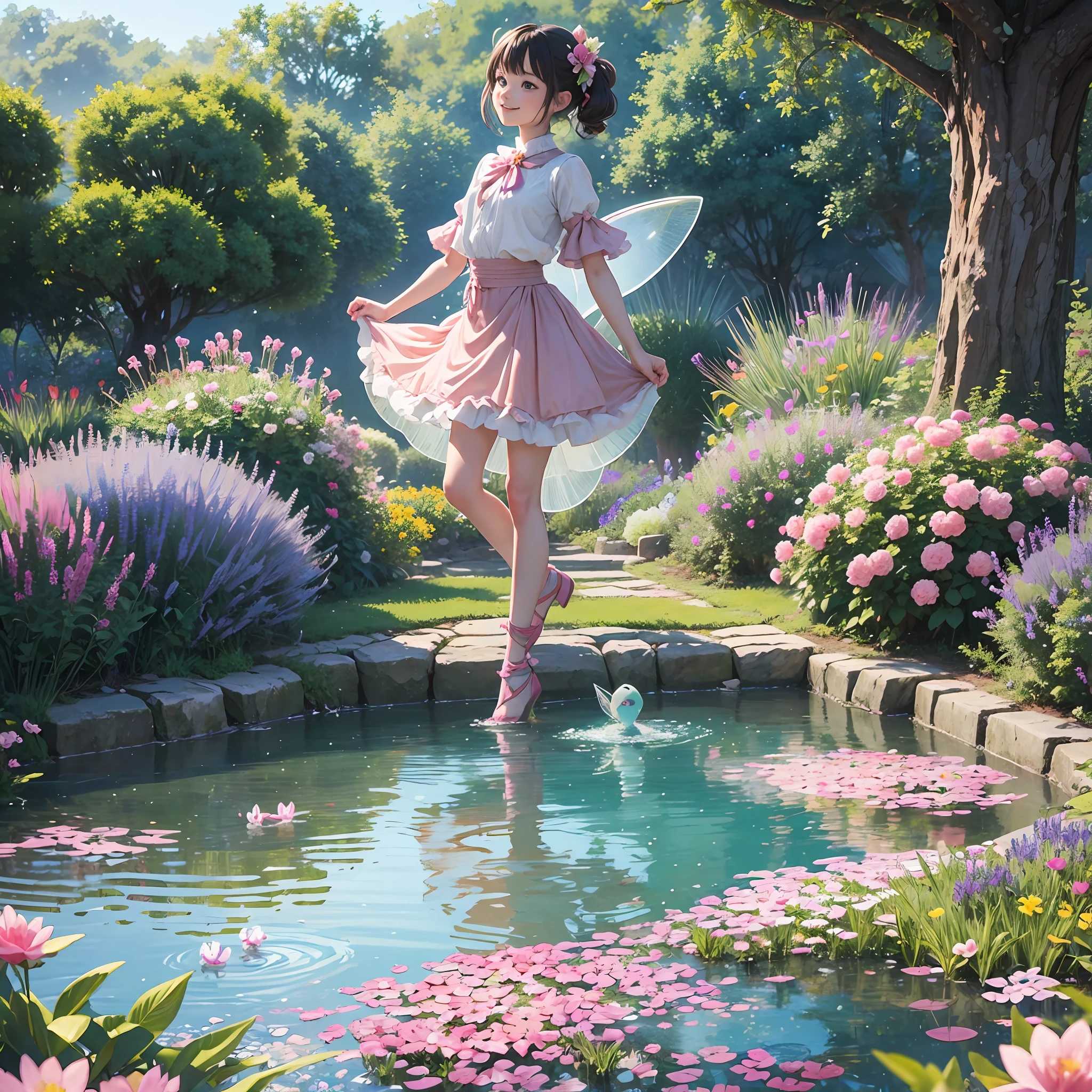 Kame-chan walked into the garden pond excitedly. Colorful flowers were blooming there, and a sweet aroma was in the air. The pink, blue, and yellow flowers welcomed Kame and seemed to be smiling.
In the garden pond also lived many five little fairies. As Kame-chan approached, the fairies began to dance. They had sparkling feathers and greeted Kame-chan with a cute smile.
"Welcome, Kame-chan, enjoy your adventure to the garden," the fairies sang as they guided Kame-chan. Kame-chan explored the garden with the fairies and learned the names of the flowers and the secrets of the fairies.
The inside of the garden pond was enveloped in fun and mysterious magic, and Kame-chan was filled with the beauty of nature and the kindness of the fairies. What awaits in the garden from now on, Kame-chan's adventure will continue.