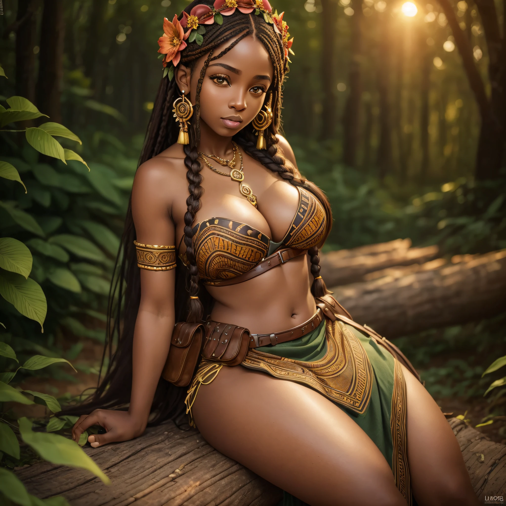 RAW photo, (a portrait photo of 25yo women:1.2), sitting on a log, (forest), belt pouch with flowers, (gigantic breasts:1.2), cleavage, (seductive:1.1), leaf earrings, leaf necklace, leather clothing, long skirt, bracelets, leaves, (high detailed skin:1.0), detailed eyes, 8k uhd, dslr, soft lighting, best quality, film grain, Fujifilm XT3, (Girl next door style:1.2), detailed eyes, long hair, (brown hair:1.1), braid, (oily hair:0.8), (eyeshadow:0.1), (african woman:1.3), fantasy, (cinematic lighting, sunset), flower crown, nsfw,