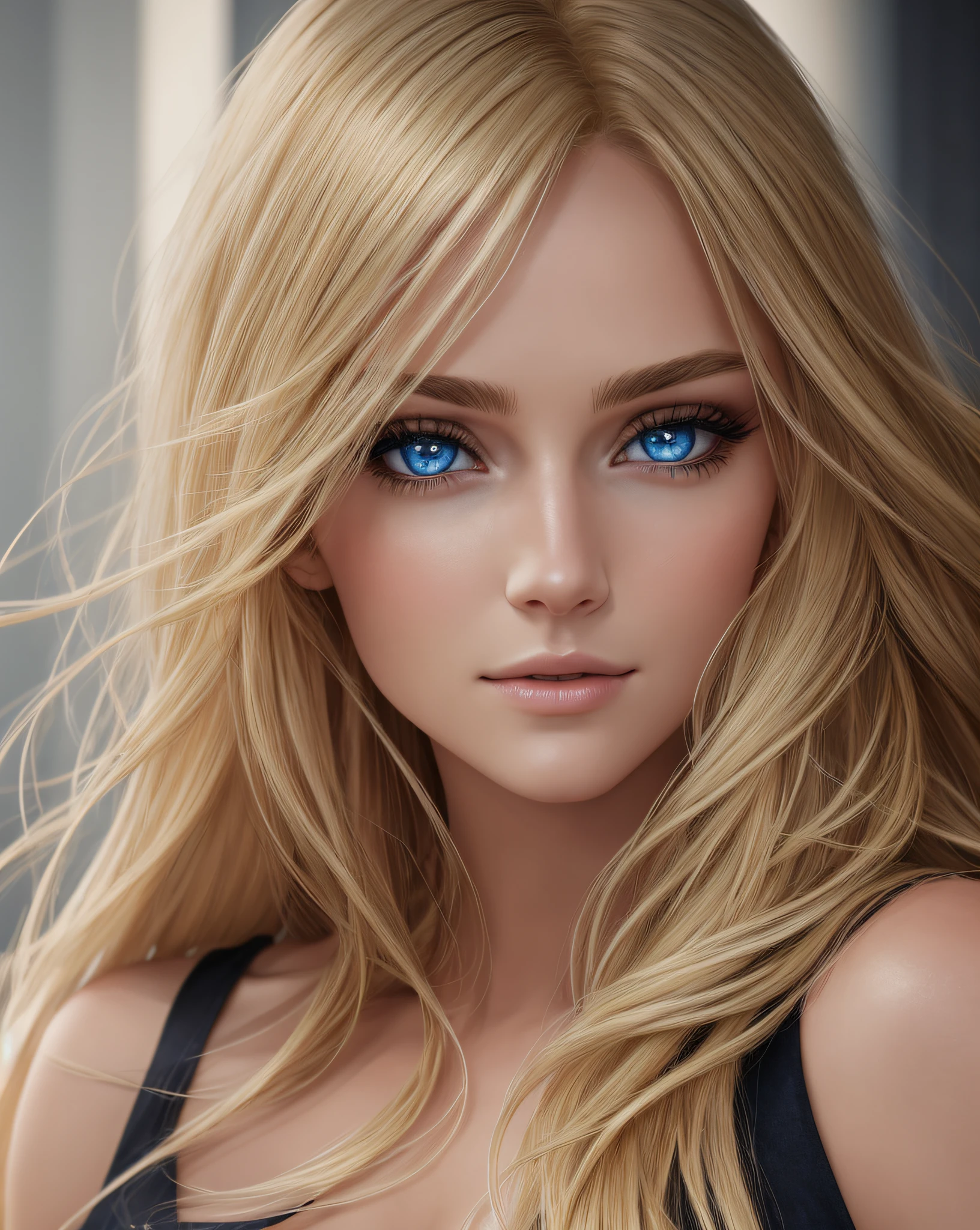Best quality, ultra high resolution, (photorealistic: 1.37), raw photo, , long blonde hair, white, beautiful eyes, detailed face, dark blue eyes and ultra-realistic gorgeous Germanic face, short black dress, dynamic lighting, in the dark, deep shadow, discreet