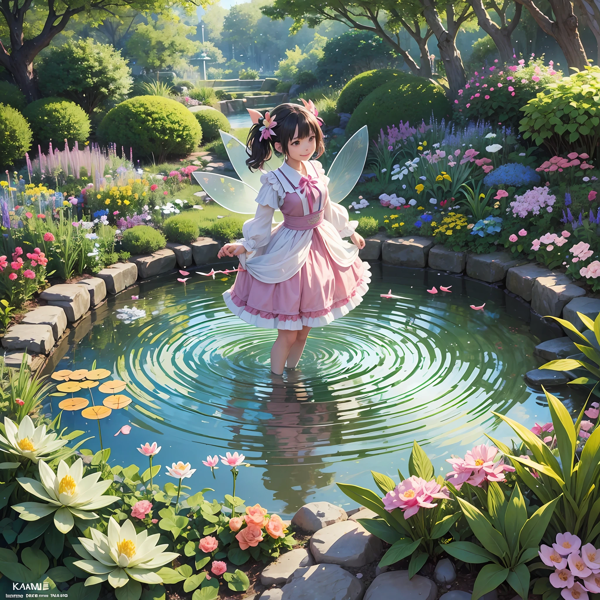 Kame-chan walked into the garden pond excitedly. Colorful flowers were blooming there, and a sweet aroma was in the air. The pink, blue, and yellow flowers welcomed Kame and seemed to be smiling.

In the garden pond also lived many five little fairies. As Kame-chan approached, the fairies began to dance. They had sparkling feathers and greeted Kame-chan with a cute smile.

"Welcome, Kame-chan, enjoy your adventure to the garden," the fairies sang as they guided Kame-chan. Kame-chan explored the garden with the fairies and learned the names of the flowers and the secrets of the fairies.

The inside of the garden pond was enveloped in fun and mysterious magic, and Kame-chan was filled with the beauty of nature and the kindness of the fairies. What awaits in the garden from now on, Kame-chan's adventure will continue.