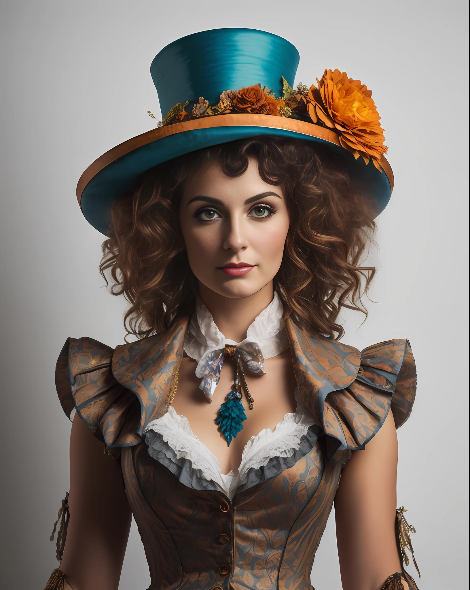 There is a woman wearing a hat and a dress with a flower, Mad Female Hatter, a beautiful Victorian woman, Victorian style costume, Portrait of a Steampunk ice lady, Young woman in Steampunk clothes, Victorian lady, The Madhatter, Wearing Steampunk top hat, Victorian-inspired clothes, A beautiful Steampunk goddess, Seductive Mesmer woman, Intricate costume, (High definition hair),  (high definition body)