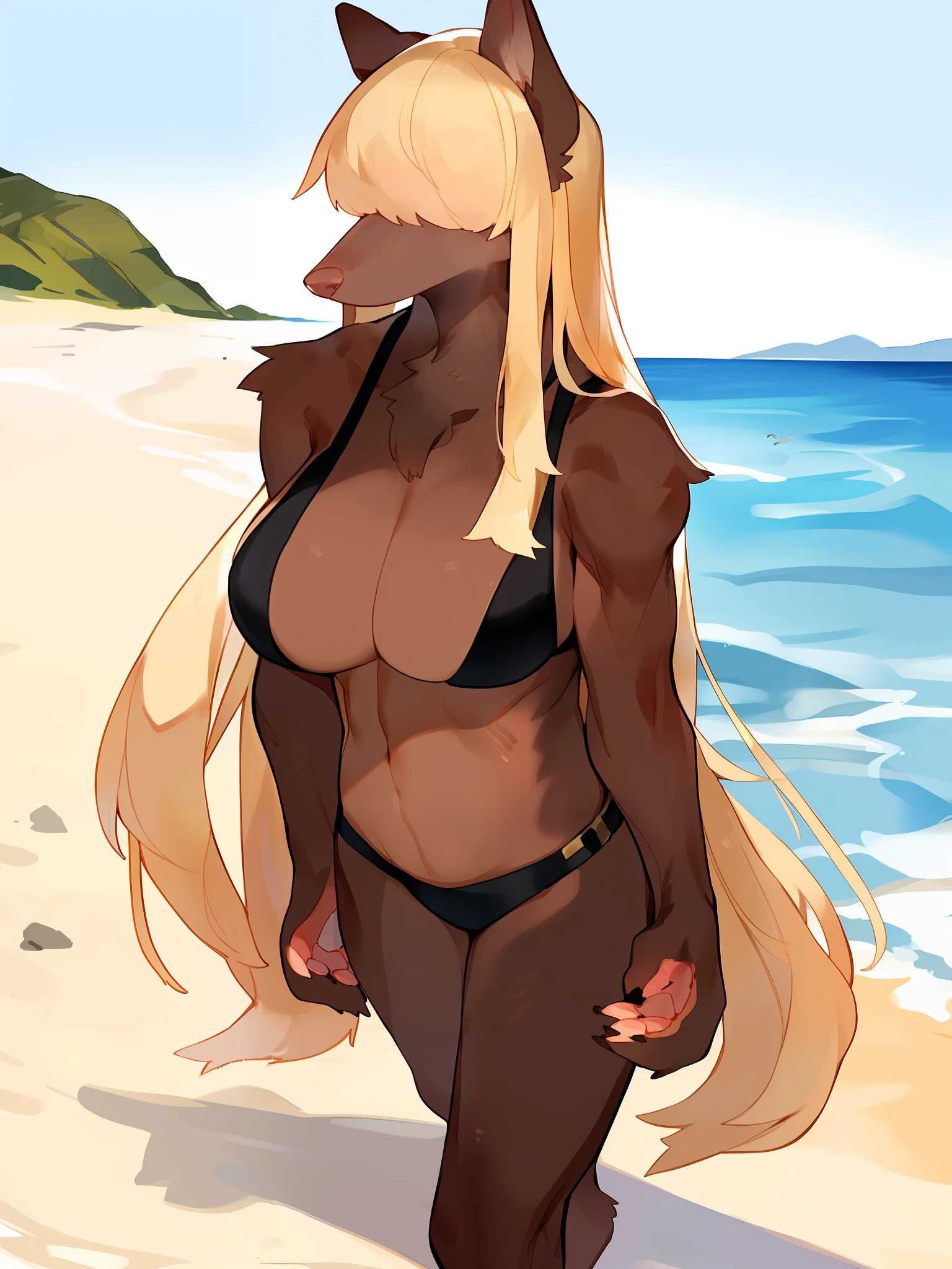Hair over eyes, female, solo, (((snout))), canine, thin nose, thin snout, pointy snout, big breasts, lean, athletic, tall, blonde hair, long hair, dark brown fur, dark brown body, lighter belly fur, pink paw pads, standing, facing ciewer, beach, water, by bebebebebe