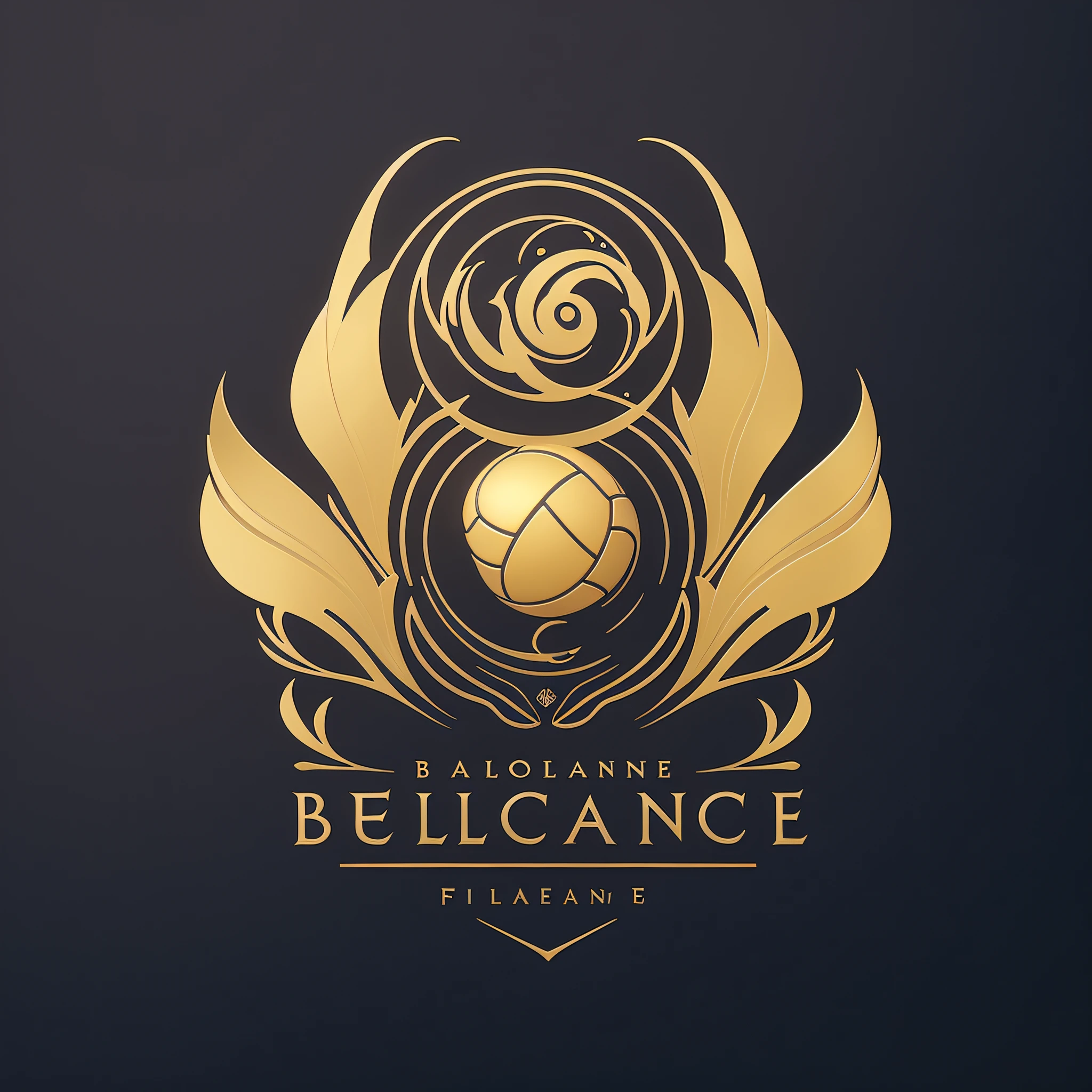 a closeup of a volleyball with a golden design, leblanc, filigree, winner of the behance contest, intriguing, official fanart behance hd, elegence, by Alexandre Falguière, art nouveau octane render, by Etienne Delessert, highlight the face, art nouveau alien botanicals, logo in abstract style, intricate octane, logo concept design --auto --s2