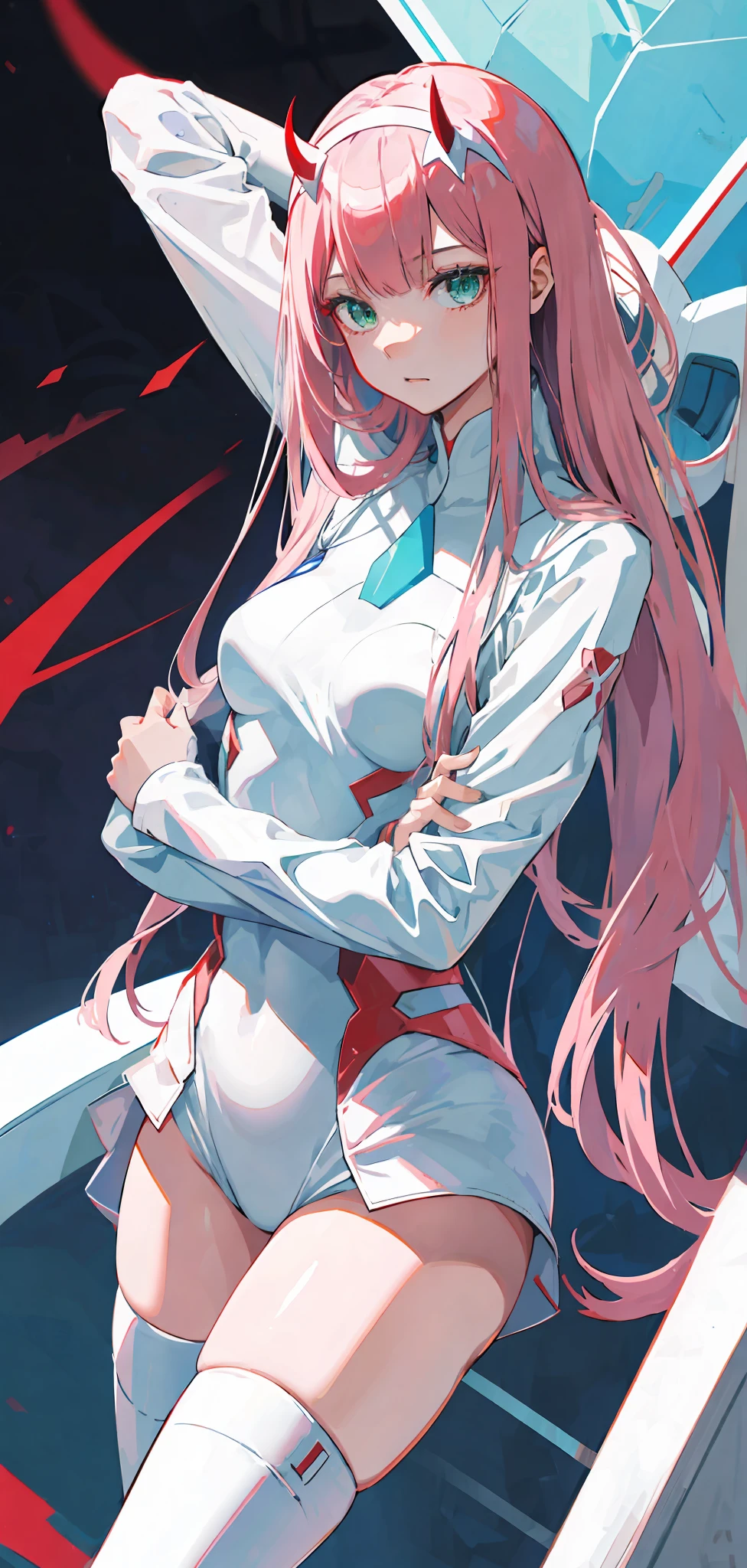zero two \(darling in franxx\), darling in franxx, 1girl, bangs, bite, shadow, green eyes, hair behind head, horns, long hair, looking at viewer, big thighs, makeup, small breasts, pilot suit, white suit, pink hair, red eyeshadow, science fiction, tight skin, solo