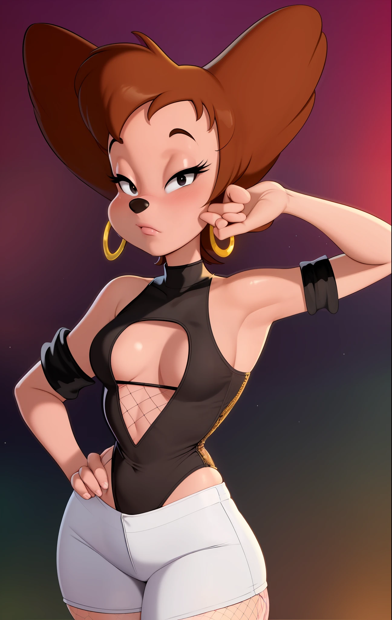 masterpiece, best quality, one girl, solo, detailed face, looking at the viewer, black eyes, gold hoop earrings, 4 fingers, detailed skin texture, (blush: 0.5), (goosebumps: 0.5), subsurface scattering, detailed skin texture, (blush: 0.2), (goosebumps: 0.3), sexual expression, portrait, cropped turtleneck, white denim shorts, high resolution, detailed night city background, black nose, sfw, goof troop, Disney, character, anthro, detailed fingers, flirty pose, right hand behind the head, left hand on the hip, detailed between legs, detailed tummy, detailed chest, detailed knees, breast blush, fishnet tights, high-heeled shoes, detailed nails