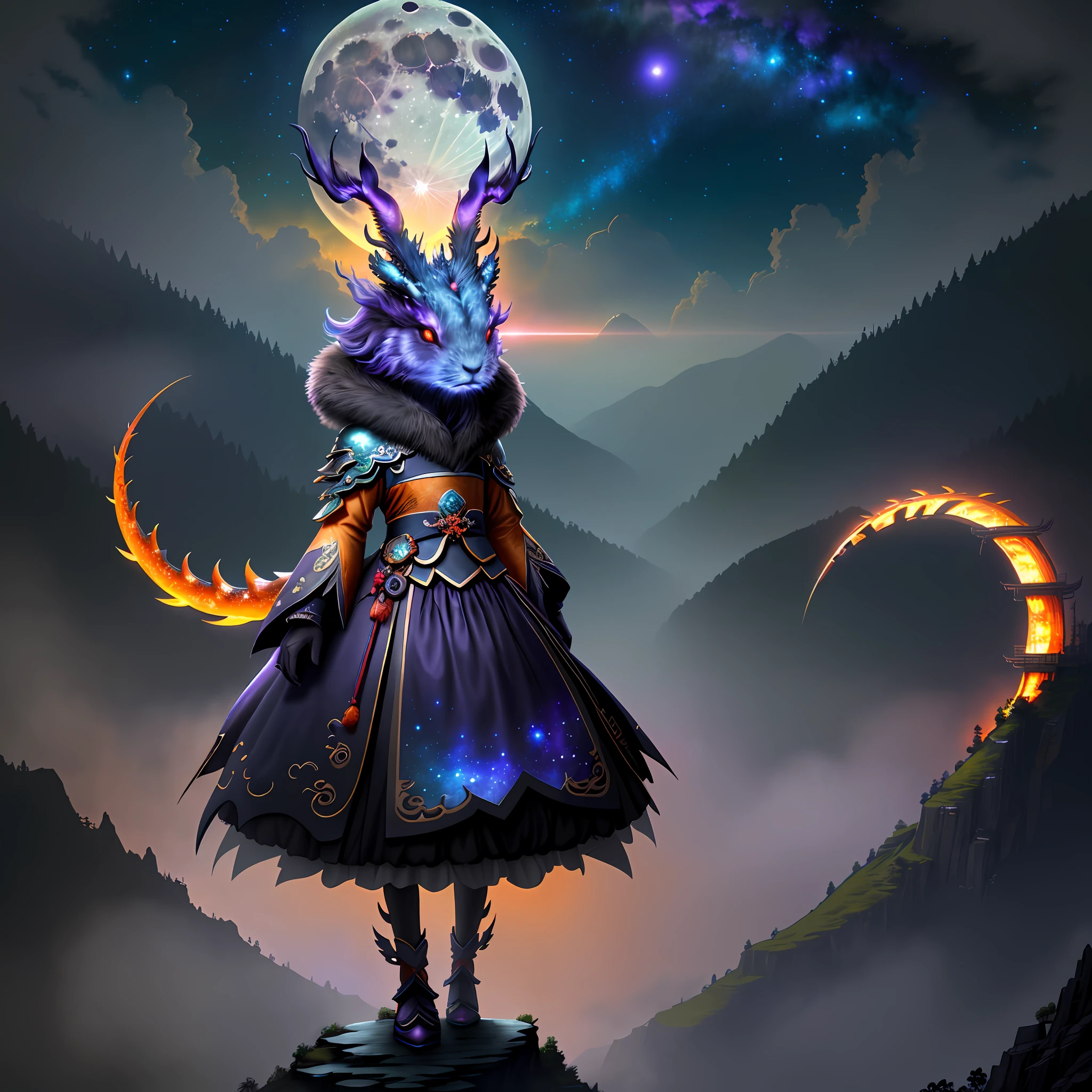 Vast landscape photos, (looking at the sky and the wilderness below), "A rabbit, magical, anthropomorphic, girl, angry expression, glowing eyes, Wanruo mask, Hanfu, background of ancient Chinese streets, night." Genshin Impact Impact, Best Quality, High Detail, High Quality, Ultra High Resolution, OC Rendering, 8K" Standing in a Flower Field and Looking Up, (Full Moon: 1.2), (Meteor: 0.9), (Nebula: 1.3), Far Away Mountains, Tree Breaking Making Art, (Warm Source: 1.2), (Firefly: 1.2), Lights, Purple and Orange, Intricate Details, Volumetric Lighting BREAK (Masterpiece: 1.2), (Highest Quality), 4K, Ultra Detailed, (Dynamic configuration: 1.4), Highly detailed and colorful details (rainbow color: 1.2), (Sparkling lighting, atmospheric lighting), Dreamy, magical, (Solo: 1.2), (Ying Dragon God), (Through the clouds), (Top of the mountains), (Complex), (Super Detail), (Starry Sky Background), (Stout Limbs), (Moon Night), (Ultra Clear), (Best Quality),