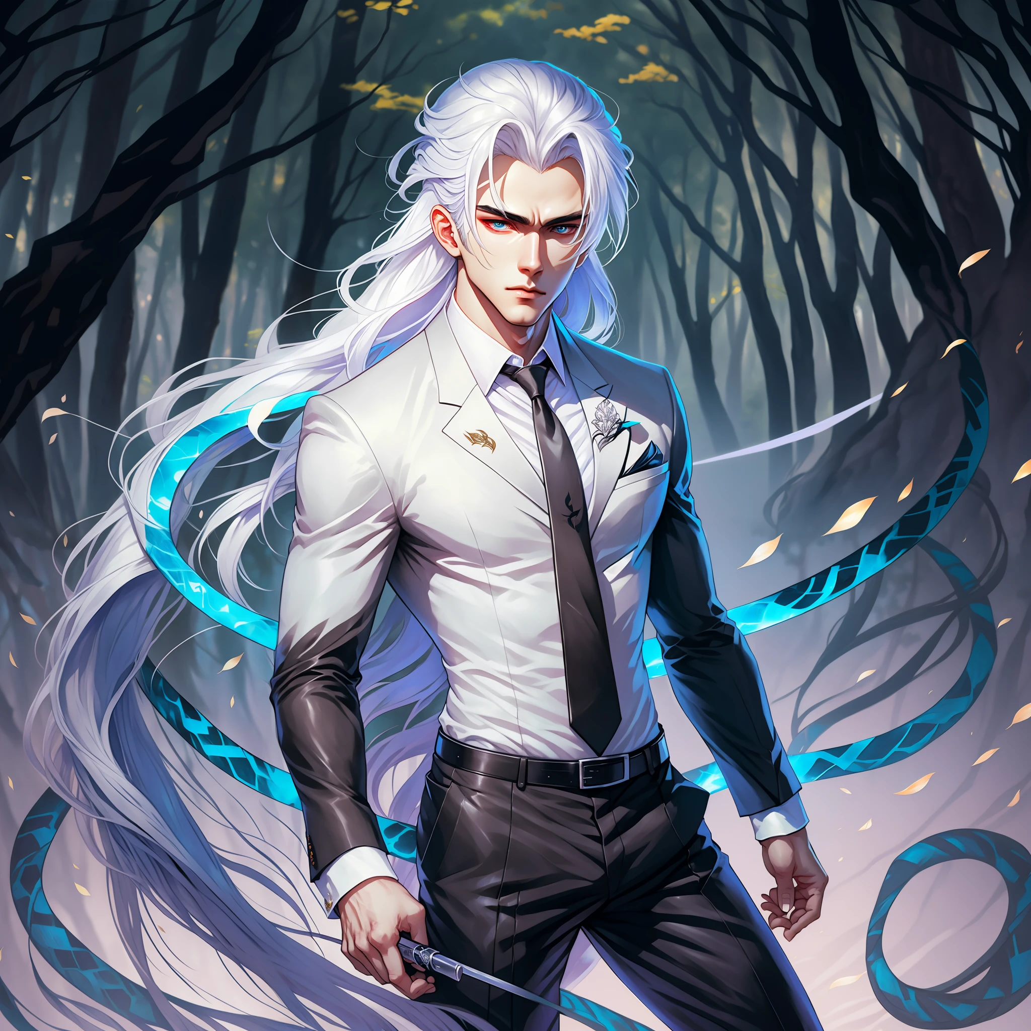 There is a man in a suit standing in a forest, cute anime pose, tall anime face with blue eyes, full body single character, male anime character, full body character portrait, 2 B, 2B, Anime full body illustration, highly detailed whole body, !! Full body portrait!, cute guy in Demon Slayer art, High resolution! Ultra detailed, white hair! Beautiful hair, hair that reaches down to the back, ultra resolution! Sleeve dash, black suit, raised sleeves, snake tattoo from right arm to neck, mature face, adult, western, good stroke, defined body but nothing exaggerated, close up, cedar hair, quality body --auto --s2