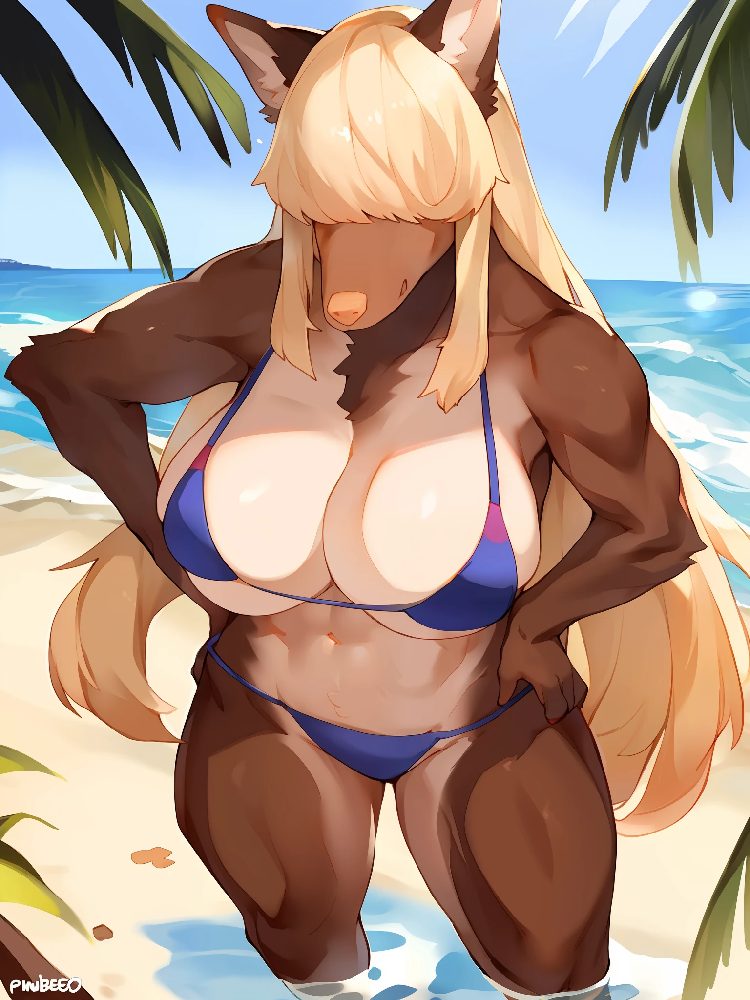 Hair over eyes, female, solo, (((snout))), canine, thin nose, thin snout, pointy snout, big breasts, lean, athletic, tall, blonde hair, long hair, dark brown fur, dark brown body, lighter belly fur, pink paw pads, standing, facing ciewer, beach, water, by bebebebebe, big areola, palm, bikini
