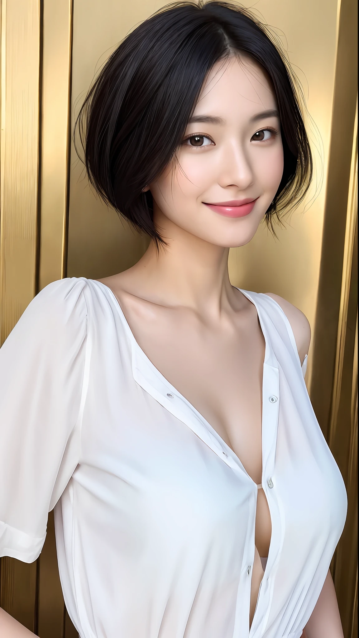 (masterpiece:1.3), (8k, photorealistic, RAW photo, best quality: 1.4), japanese, (1girl), beautiful face, (realistic face), (black hair, short hair:1.3), beautiful hairstyle, realistic eyes, beautiful detailed eyes, (realistic skin), beautiful skin, attractive, ultra high res, ultra realistic, highly detailed, golden ratio, (detaled face:1.2),looking at viewer,smile,open white shirt,medium breasts,standing,hand on hip