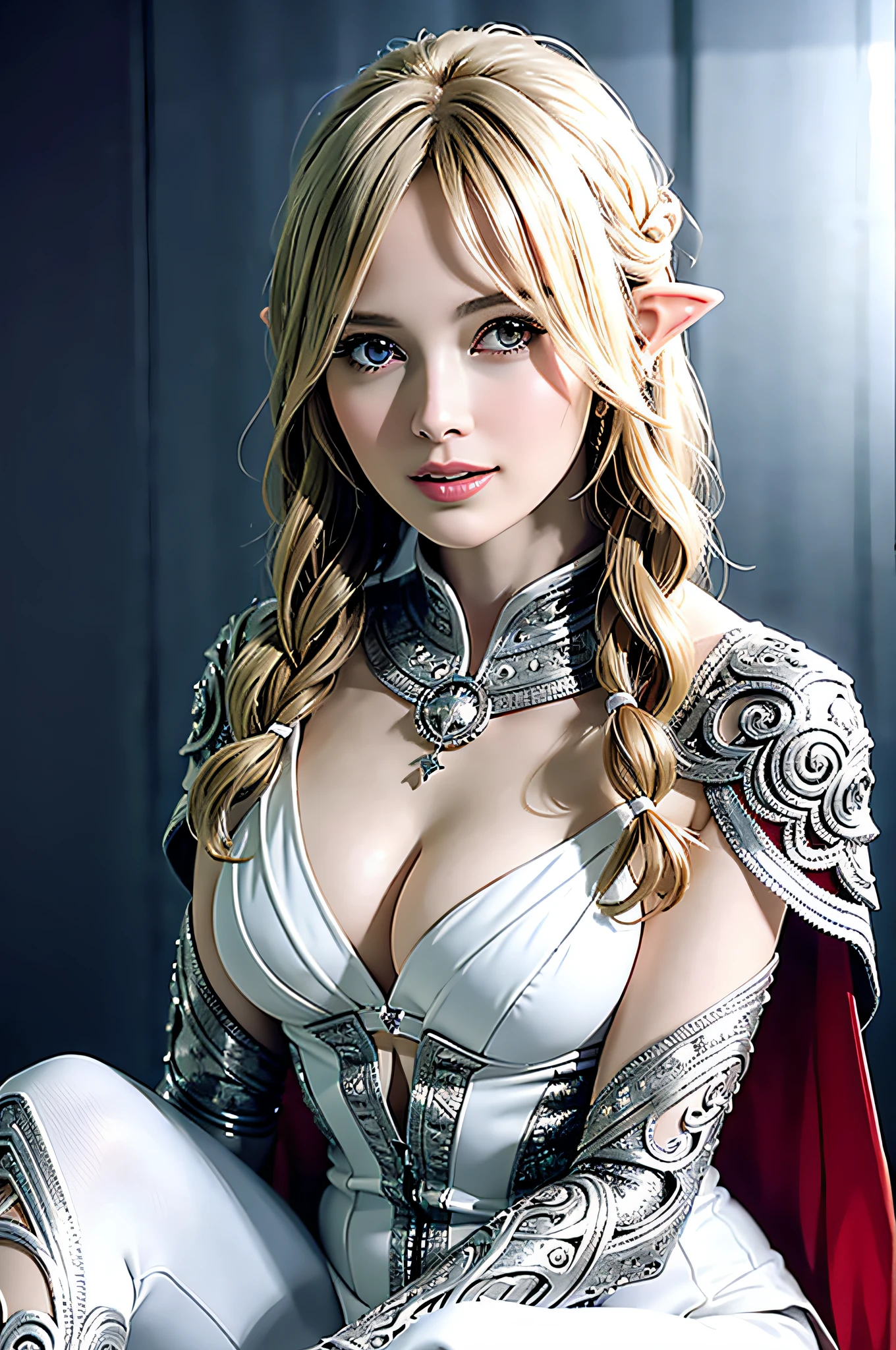 (Photorealistic: 1.5), complex 3D rendering ultra-detailed beautiful, (Skindent: 1.5), (Masterpiece, top quality, octane rendering, 8K), glamour shots full body images, very beautiful young elves, cleavage, swimsuit, one, micro bikini, long braided blonde hair, blonde hair only, big breasts, Wearing intricate super armor in silver and white and red, ultra-realistic photo (((portrait))), wearing an intricate white cape, wearing intricate white metal leggings on the legs, futuristic urban background, facial muscles, in the style of Marvel Comics, ArtStation trends, clear focus, studio photography, intricate detail, highly detailed, detailed eyes, illustration, very detailed, Sharp Focus, Digital Rendering, Professional