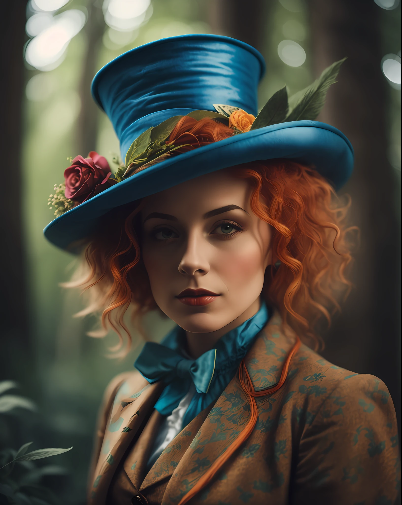 There is a woman with a blue hat and red hair, Female Mad Hatter, Portrait of Alice in Wonderland, The Madhatter, Mad Hatter, The Mad Hatter, The Rad Hatter, Alice in Wonderland Style, Character Photography, Portrait Color Photography 4K, Color Portrait, Portrait Shot, Like Alice in Wonderland, Alice in Wonderland Theme, (Hair in high definition), (body in high definition)