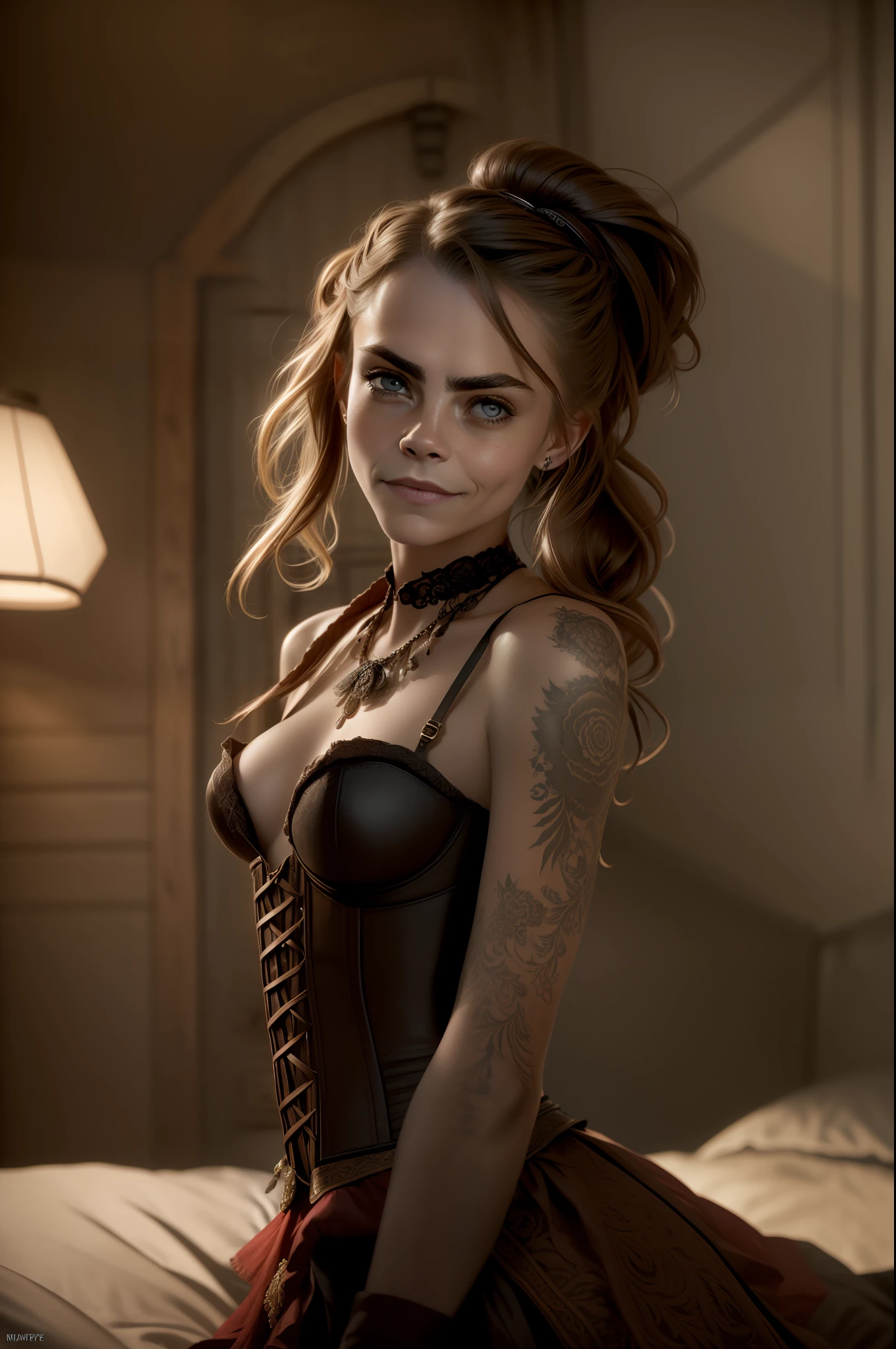 Texture, film grain, skin pores, dusty atmospheric haze, vignetting, wrinkles, intricate details:0.2 intricate dramatic cinematic movie still of a beautiful, elegant, cunning pirate captain, (Cara Delevingne), wearing a black leather corset, freckles, eye contact, (condescending, confident grin)1.2, (low angle)1.2, bokeh in foreground, ((bed in her cabin)), hasselblad RAW dramatic photo, ruffled silk skirts, red petticoat, (Underwear)