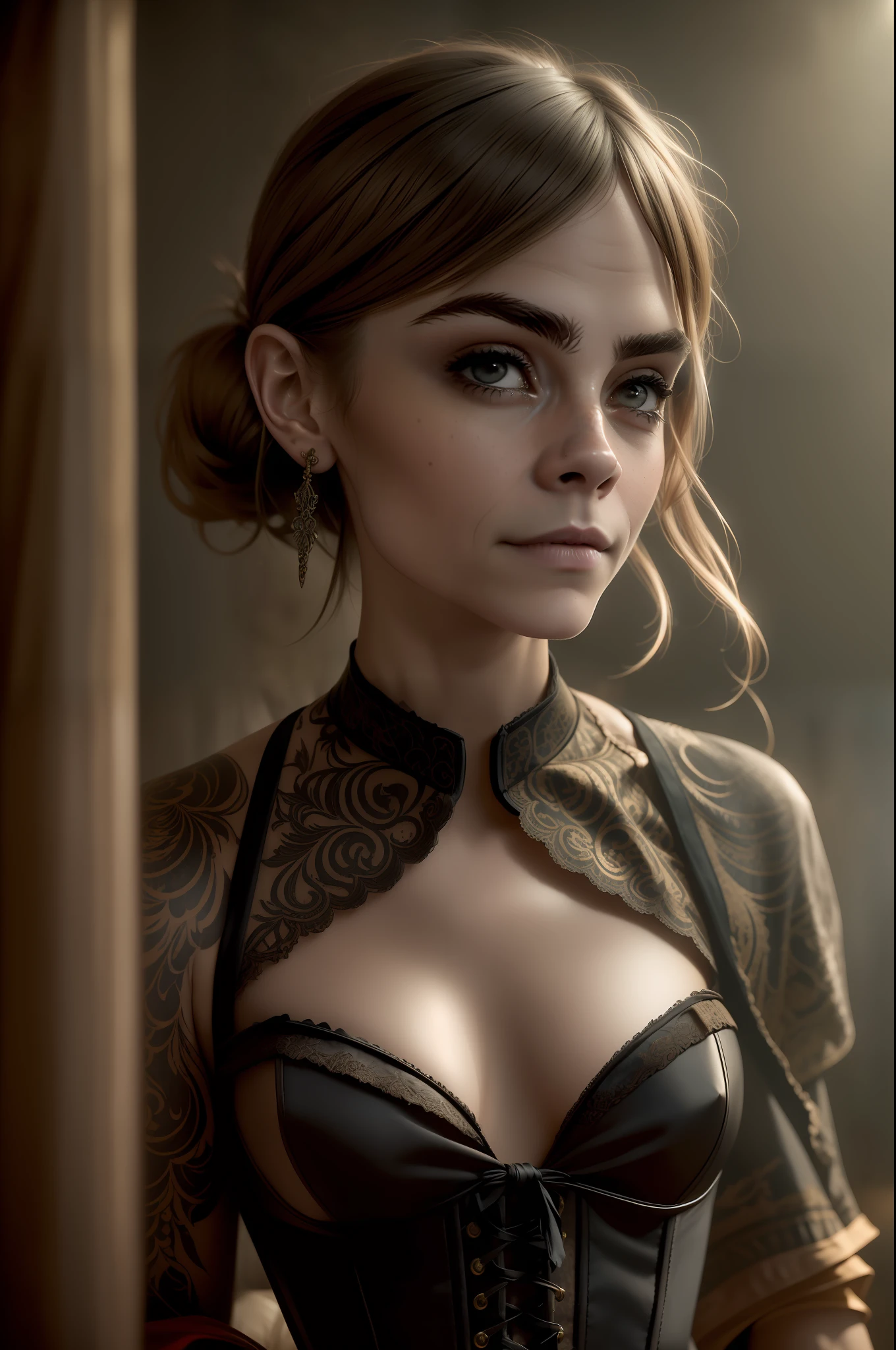 Texture, film grain, skin pores, dusty atmospheric haze, vignetting, wrinkles, intricate details:0.2 intricate dramatic cinematic movie still of a beautiful, elegant, cunning pirate captain, (Cara Delevingne), wearing a black leather corset, freckles, eye contact, (condescending, confident grin)1.2, (low angle)1.2, bokeh in foreground, ((bed in her cabin)), hasselblad RAW dramatic photo, ruffled silk skirts, red petticoat, (Underwear)