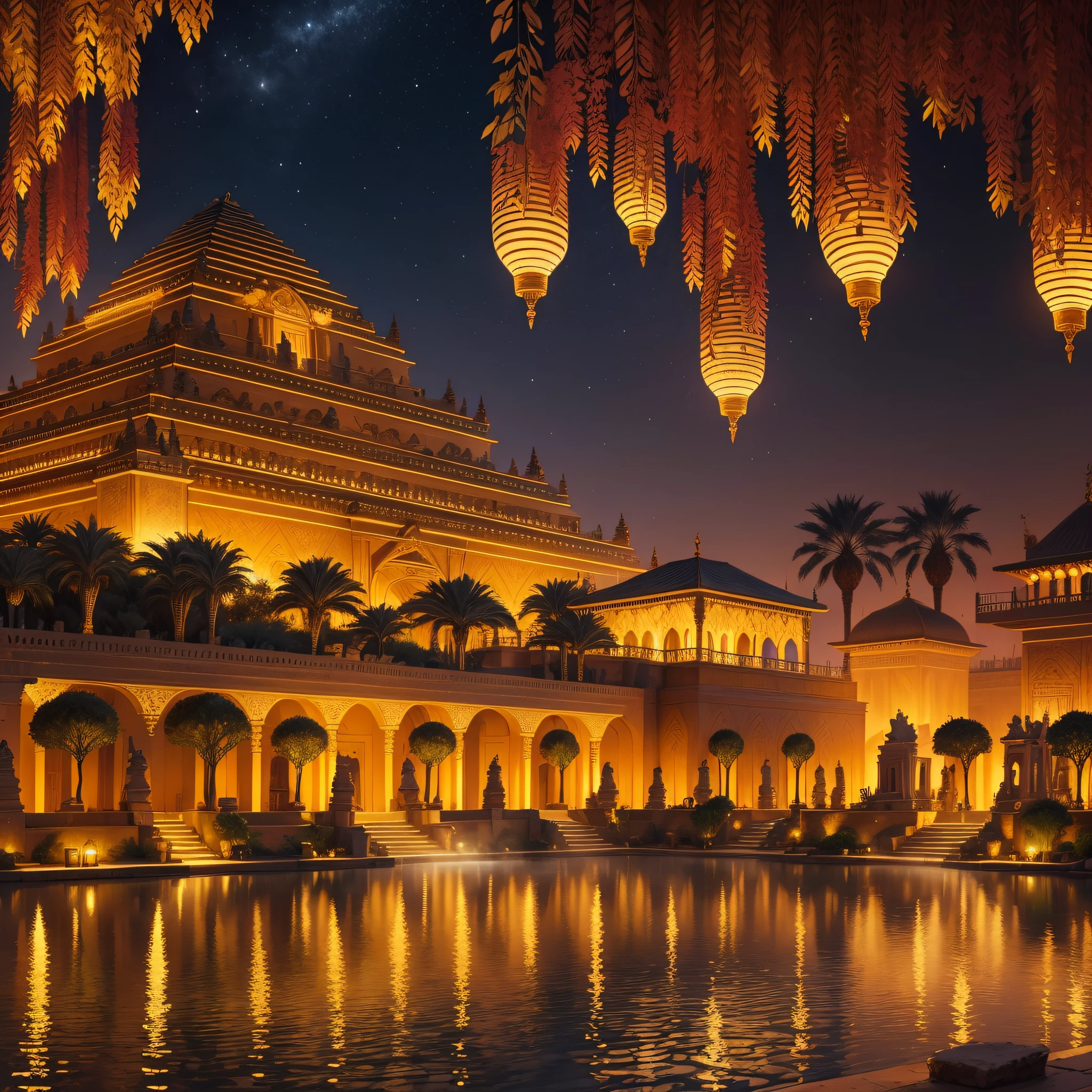 Hanging garden of Babylon with hot springs, pyramids with gold details, at night, torches lit with fire, statues of sphinxes in marble, wooded bungalows with white curtains --auto --s2