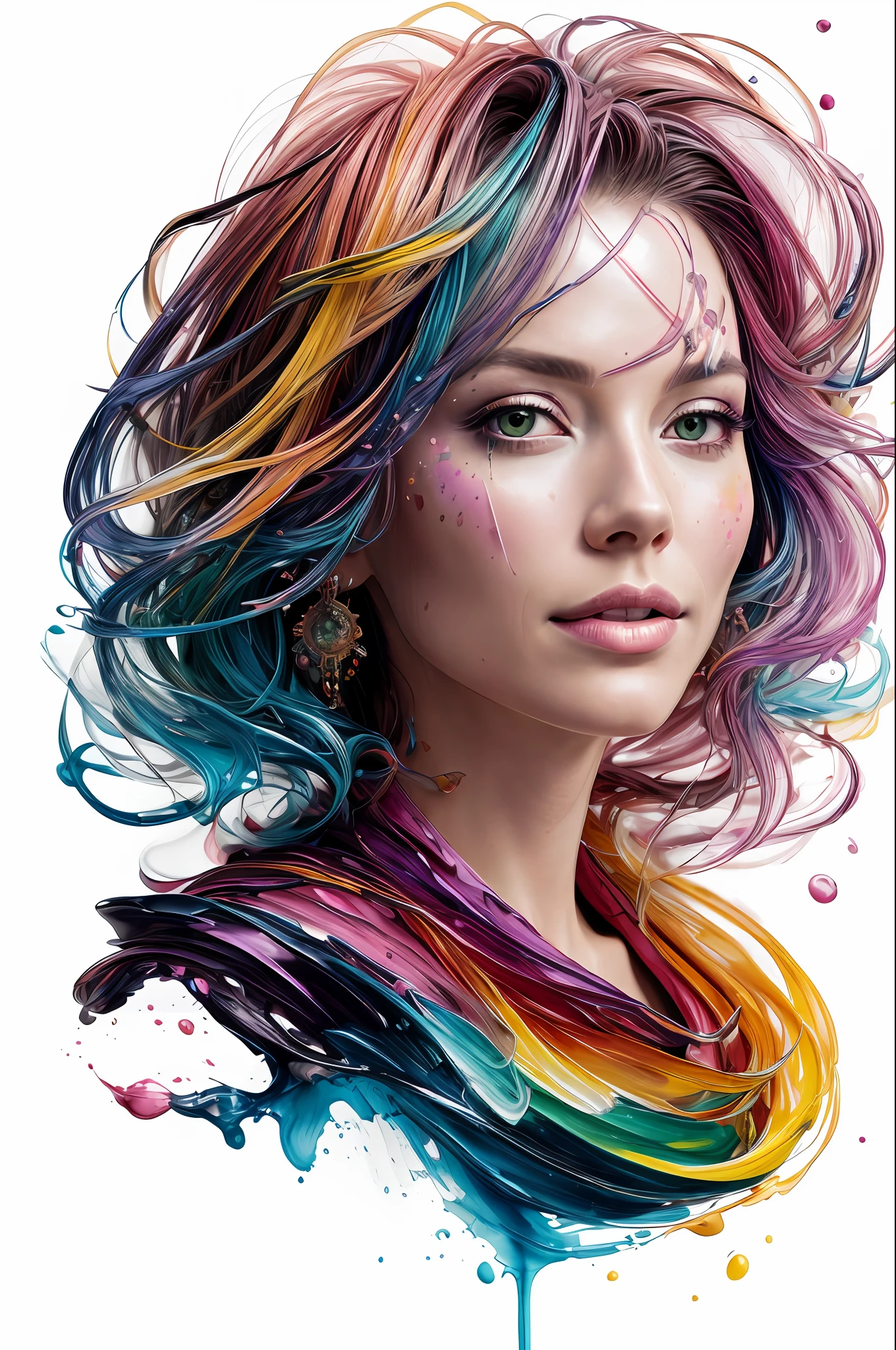 Beautiful and colorful woman: 35 years old woman, messy hair, oil painting, beautiful and perfect face with soft skin, perfect face, pink green colors, light and violet magneta additions, light red additions, doctor, wearing lab coat or doctor suit holding newborn baby in lap intricate details splash screen 8k resolution masterwork cute face photorealistic digital painting artstation smooth flowing black ink: 8k resolution photorealistic masterpiece: gouache painting fluid intricately detailed: by Jean Baptiste Mongue: calligraphy: acrylic: watercolor art, professional photography, natural lighting, volumetric lighting maximalist photo-illustration: by marton bobzert: , complex, elegant, expansive, fantastic
