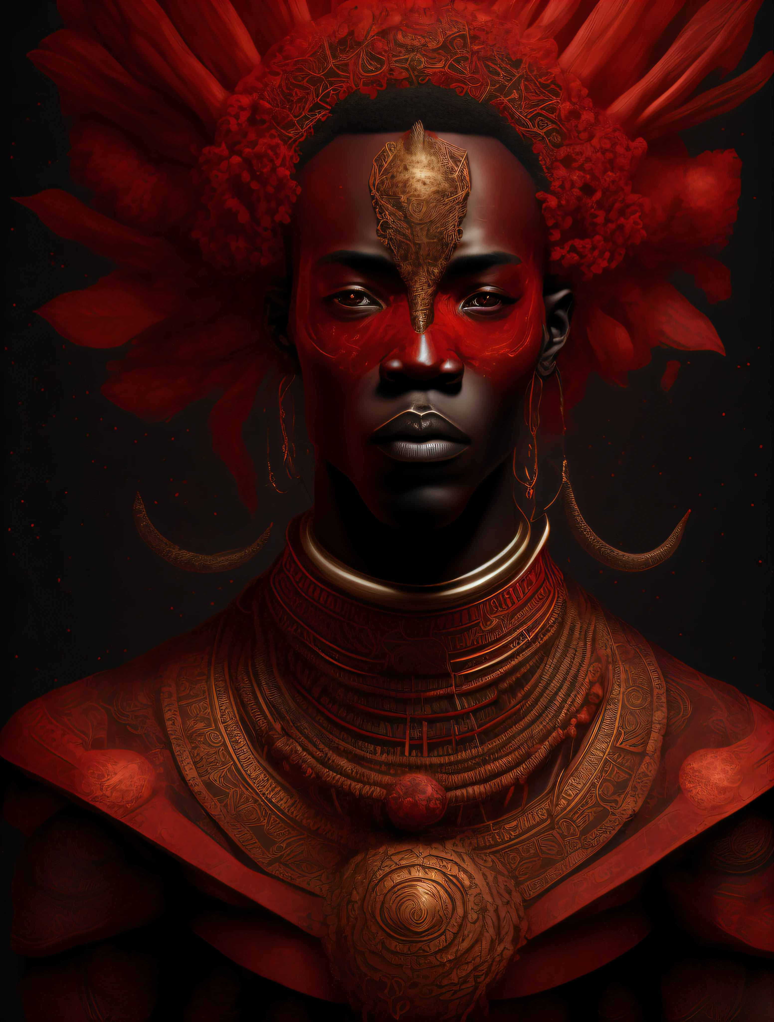 Exu the African Orixá, strong man, Orisha of harmony between spirits and men of the earth, red and black colors, messenger, wearing a detailed and intricate ade, truculent, ironic look, cosmic god, astrophotography