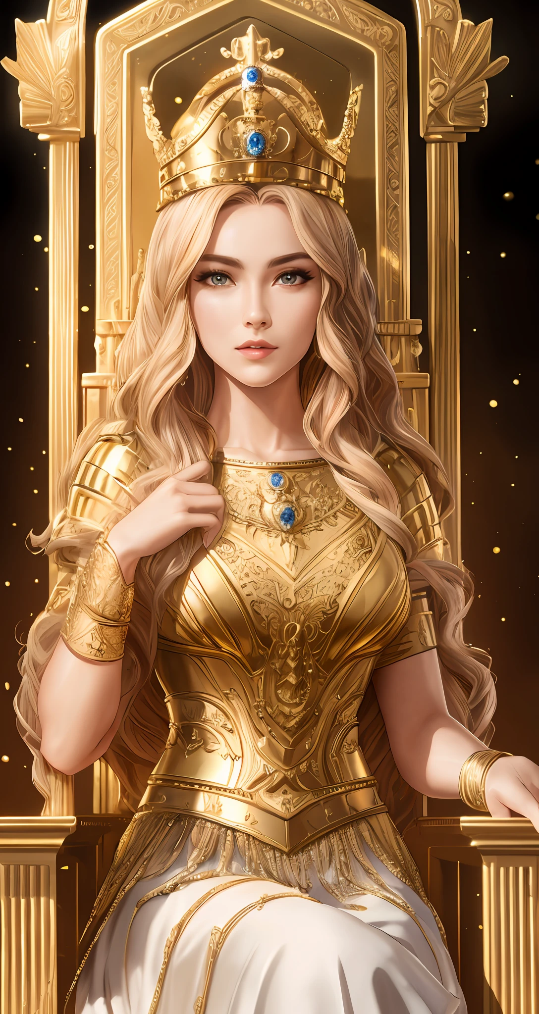 Best Quality, Queen, Masterpiece, High Resolution, Photorealistic, Ultra-Realistic, Tyndall Sun Effect, Photorealistic, Dark Studio, Rim Lighting, Tonal Lighting, (High Detail Leather:), 8K UHD, DSLR, Soft Lighting, High Quality, Surround Lighting, Candid, Photography, High Resolution, 4K, 8K, Bokeh, Ultra-Realistic 8K CG, (Epic:, Perfect Work of Art, Masterpiece, Ancient Dynasty, Middle Ages, Fantasy), (((Detailed background))),  20-year-old queen muscular fresh model, shredded,(Stunning god-like beauty), (bright facial features, detailed hair) dynamic angle, (((throne room))), amazingly stunningly beautiful, seated on a throne, wavy shiny hair, golden wet skin shines, full-length portrait, glamour, perfect soft curves, perfect body, perfect tits, full wet lips, ultra-realistic, sun