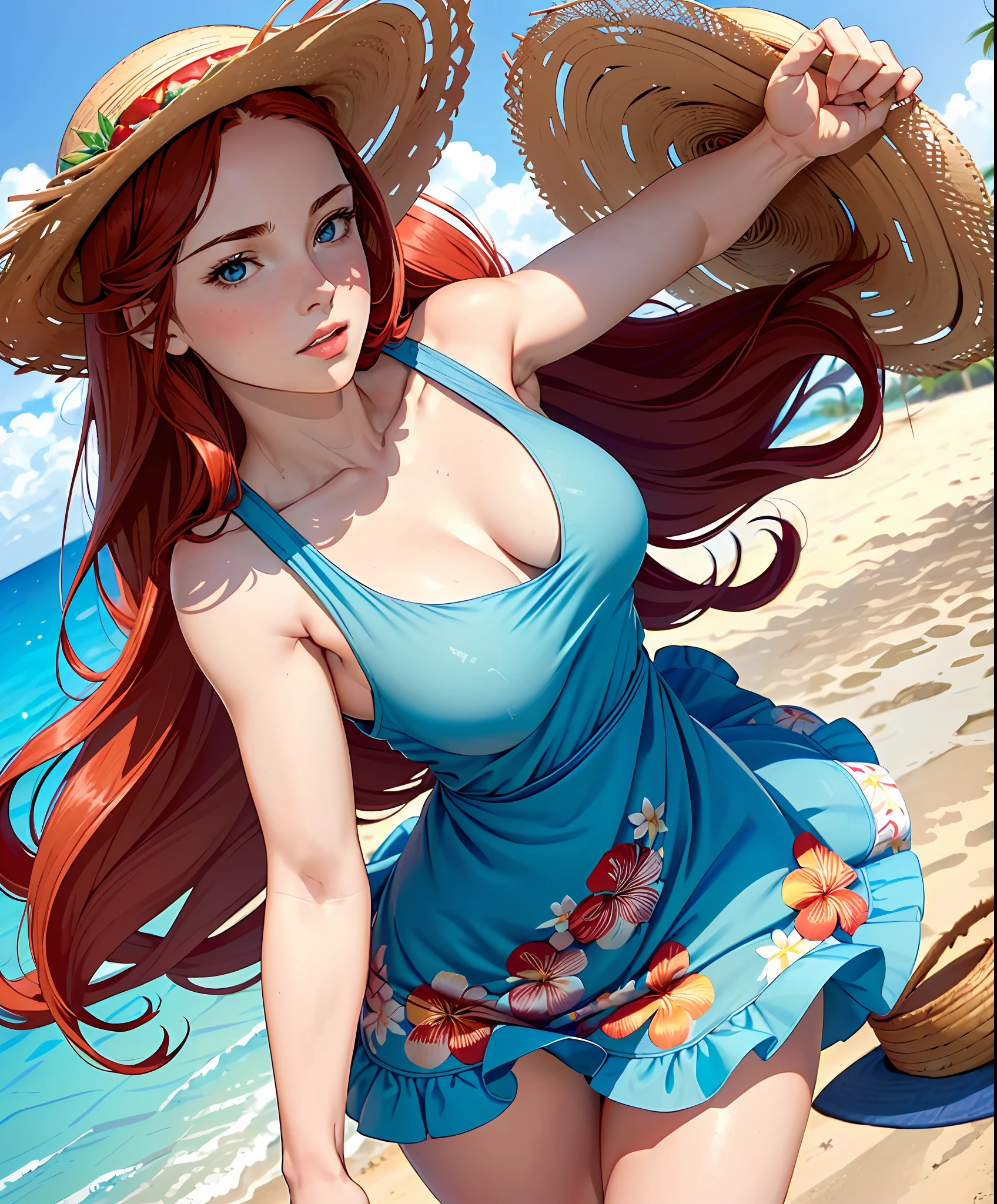 woman in her 20s, (perfect face), defined jaw, beautiful blue eyes, beautiful lips, (long wavy red hair), (perfect anatomy), (athletic body, (small breasts), (thick thighs), (perfect hands), (flowery dress), (straw hat), looking at the observer, (bottom POV), (mid-plane photograph), (tropical beach background), realistic