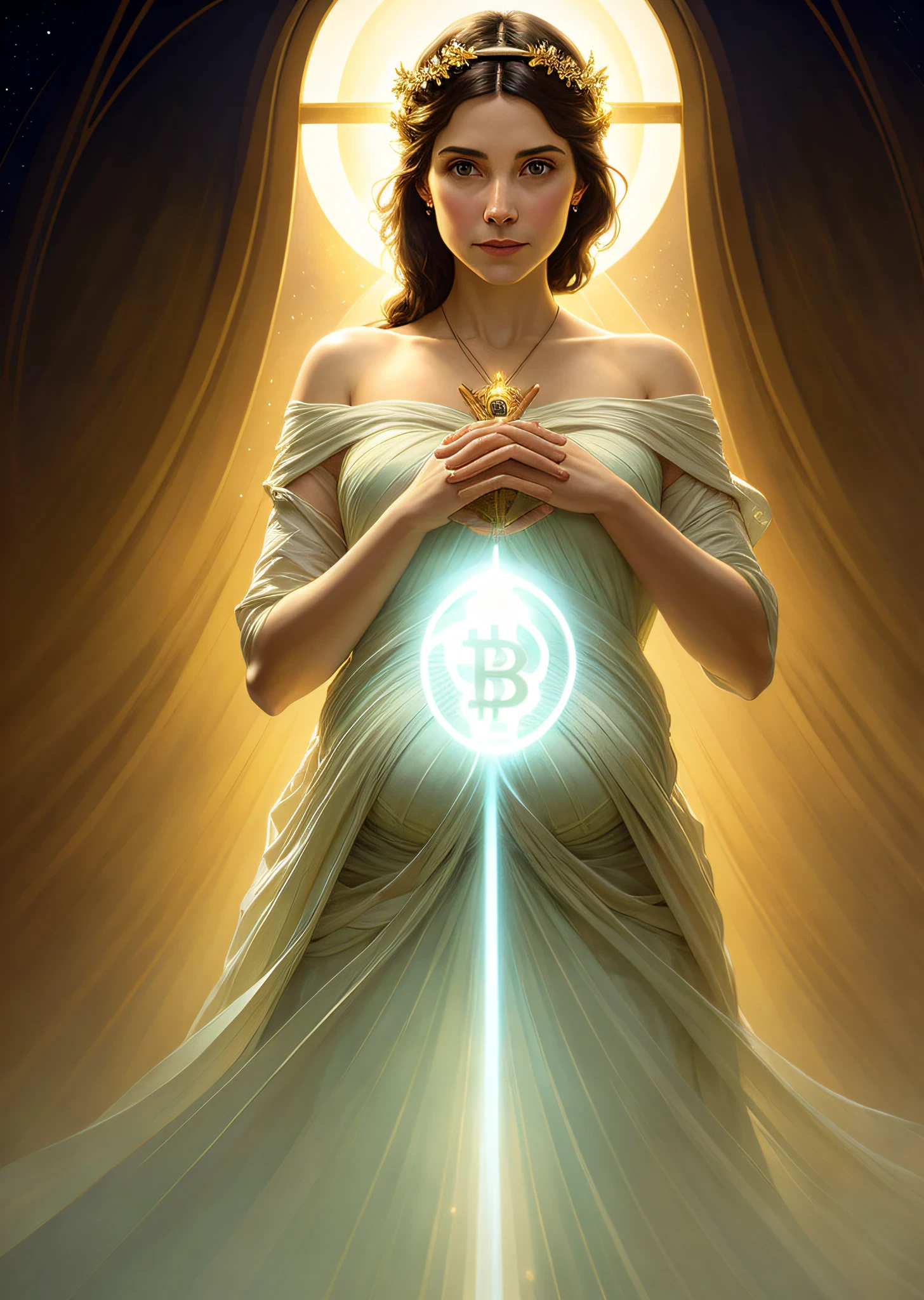Masterpiece, pregnant woman and bitcoin, beautiful woman holding up her belly, belly presented with bitcoin imprint, bitcoin with halo, smile, heavenly sky, half body, ((divine light)), ethereal, clouds, backlight, realistic portrait, symmetry, strong, complex painting, highly detailed, digital painting, art station, concept art, fluid, sharp focus, illustration, to the gate to heaven, cinematic lighting, Artgerm and works by Greg Rutkowski and Alphonse Mucha