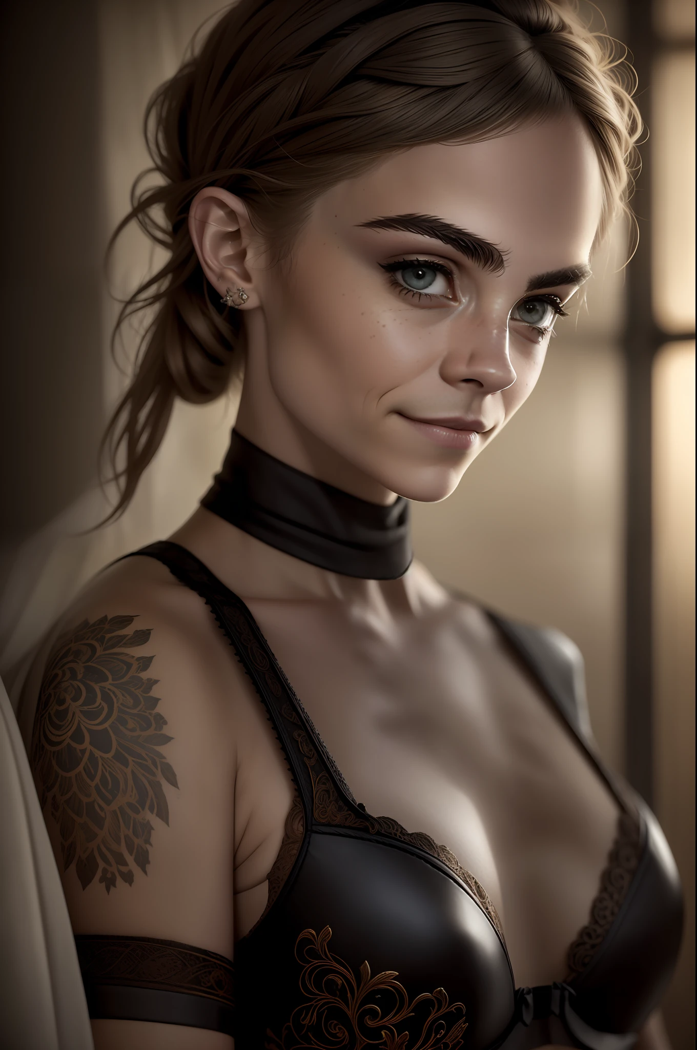 Texture, film grain, skin pores, dusty atmospheric haze, vignetting, wrinkles, intricate details:0.2 intricate dramatic cinematic movie still of a beautiful, elegant, cunning pirate captain, (Cara Delevingne), wearing a black leather bra, freckles, eye contact, (condescending, confident grin)1.2, (low angle)1.2, bokeh in the foreground, ((bed in her cabin)), hasselblad RAW dramatic photo, silk petticoat