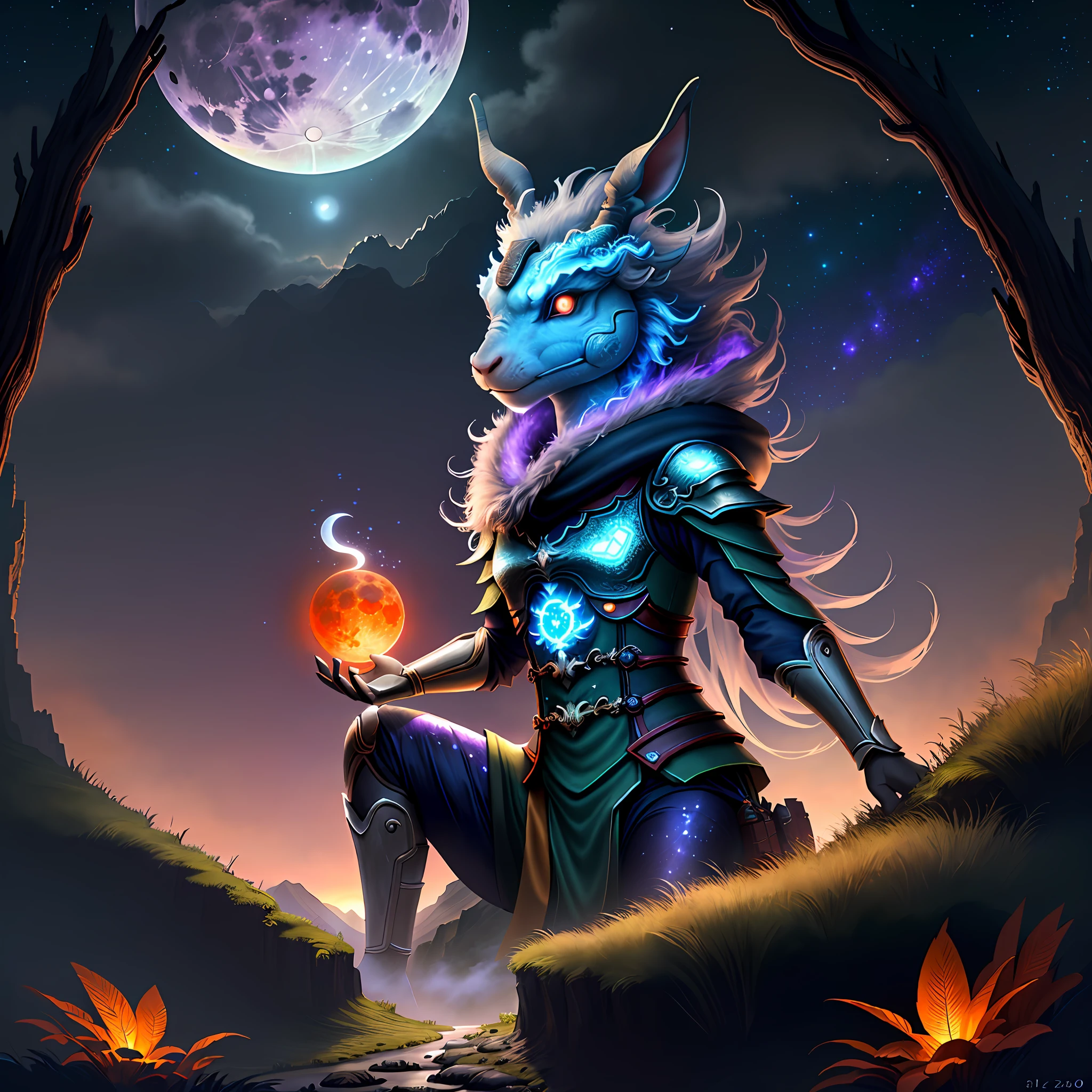 Vast landscape photos, (looking at the sky and the wilderness below), "A rabbit, magical, anthropomorphic, girl, angry expression, glowing eyes, Wanruo mask, Hanfu, background of ancient Chinese streets, night." Genshin Impact Impact, Best Quality, High Detail, High Quality, Ultra High Resolution, OC Rendering, 8K" Standing in a Flower Field and Looking Up, (Full Moon: 1.2), (Meteor: 0.9), (Nebula: 1.3), Far Away Mountains, Tree Breaking Making Art, (Warm Source: 1.2), (Firefly: 1.2), Lights, Purple and Orange, Intricate Details, Volumetric Lighting BREAK (Masterpiece: 1.2), (Highest Quality), 4K, Ultra Detailed, (Dynamic configuration: 1.4), Highly detailed and colorful details (rainbow color: 1.2), (Sparkling lighting, atmospheric lighting), Dreamy, magical, (Solo: 1.2), (Ying Dragon God), (Through the clouds), (Top of the mountains), (Complex), (Super Detail), (Starry Sky Background), (Stout Limbs), (Moon Night), (Ultra Clear), (Best Quality),