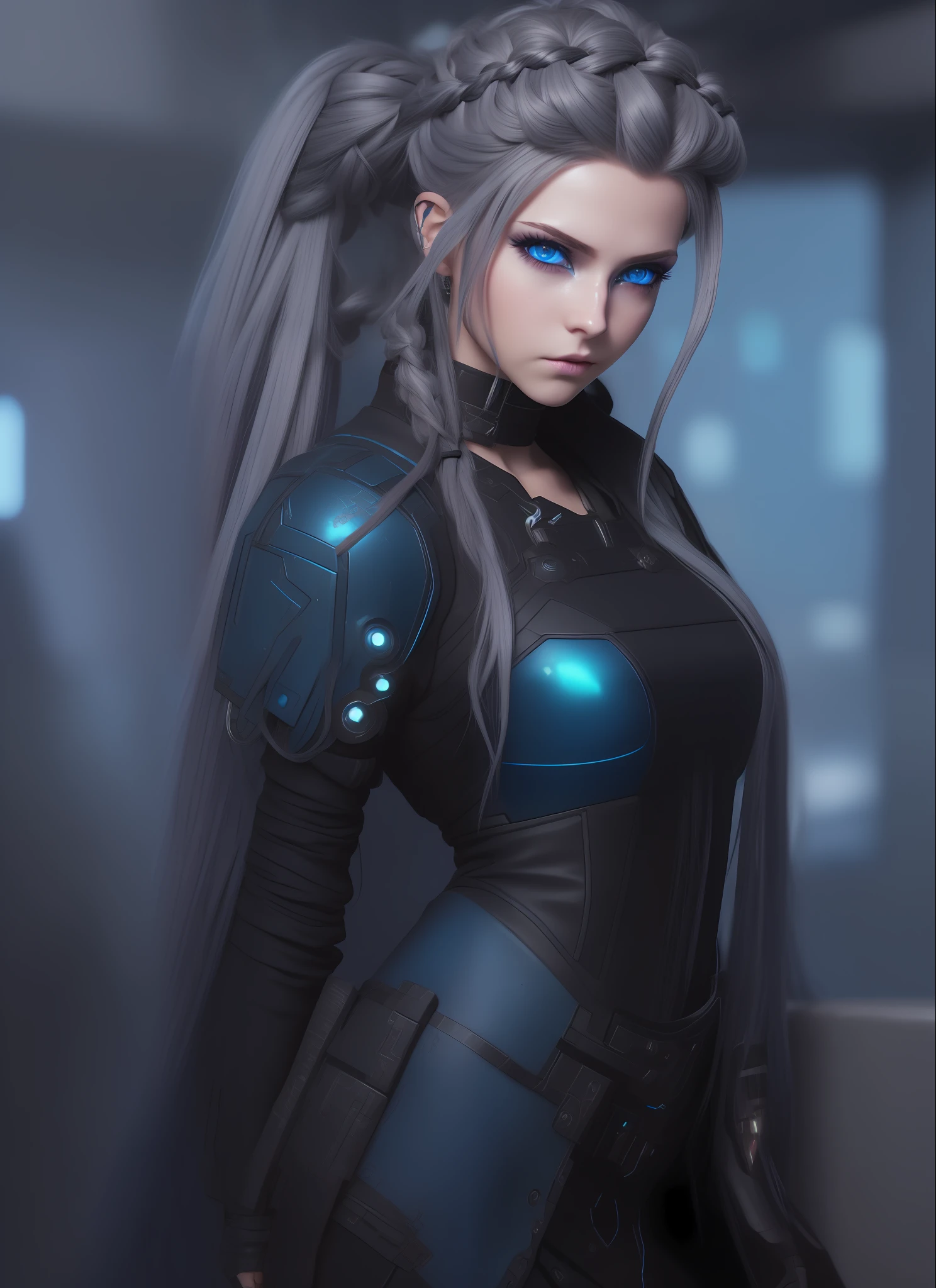 (8k), (Very Beautiful Cyberpunk Fantasy Girl), (High Definition), (High Definition), (Masterpiece), (Best Quality),( Fine to the smallest detail), Sad Trend of 500px Hard Edge Painting, (1girl:1.40), (Granblue Fantasy Art: 1.3), ((Beautiful Detailed Eyes, (Dark Blue Eyes))). (Ridiculously long hair (gray hair (braid))). ((gasp)). ((clothes), ((blush)).