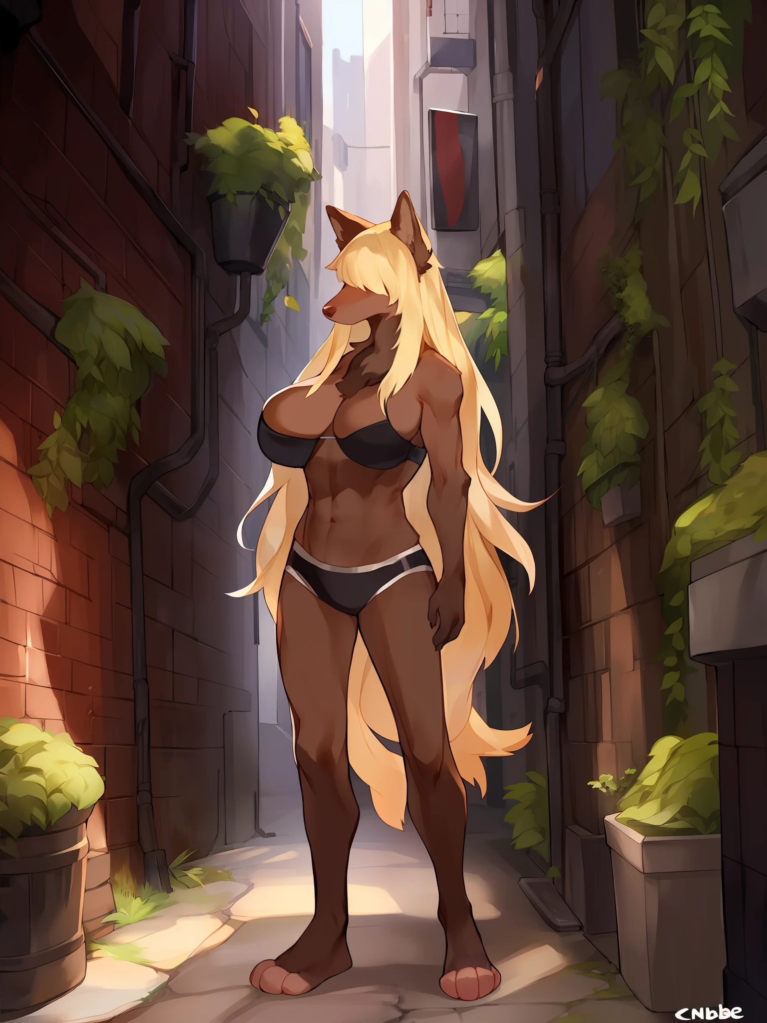 Hair over eyes, female, solo, (((snout))), canine, thin nose, thin snout, pointy snout, big breasts, lean, athletic, tall, blonde hair, long hair, dark brown fur, dark brown body, lighter belly fur, pink paw pads, standing, facing ciewer, by bebebebebe, alleyway, plants, golden hour, underwear