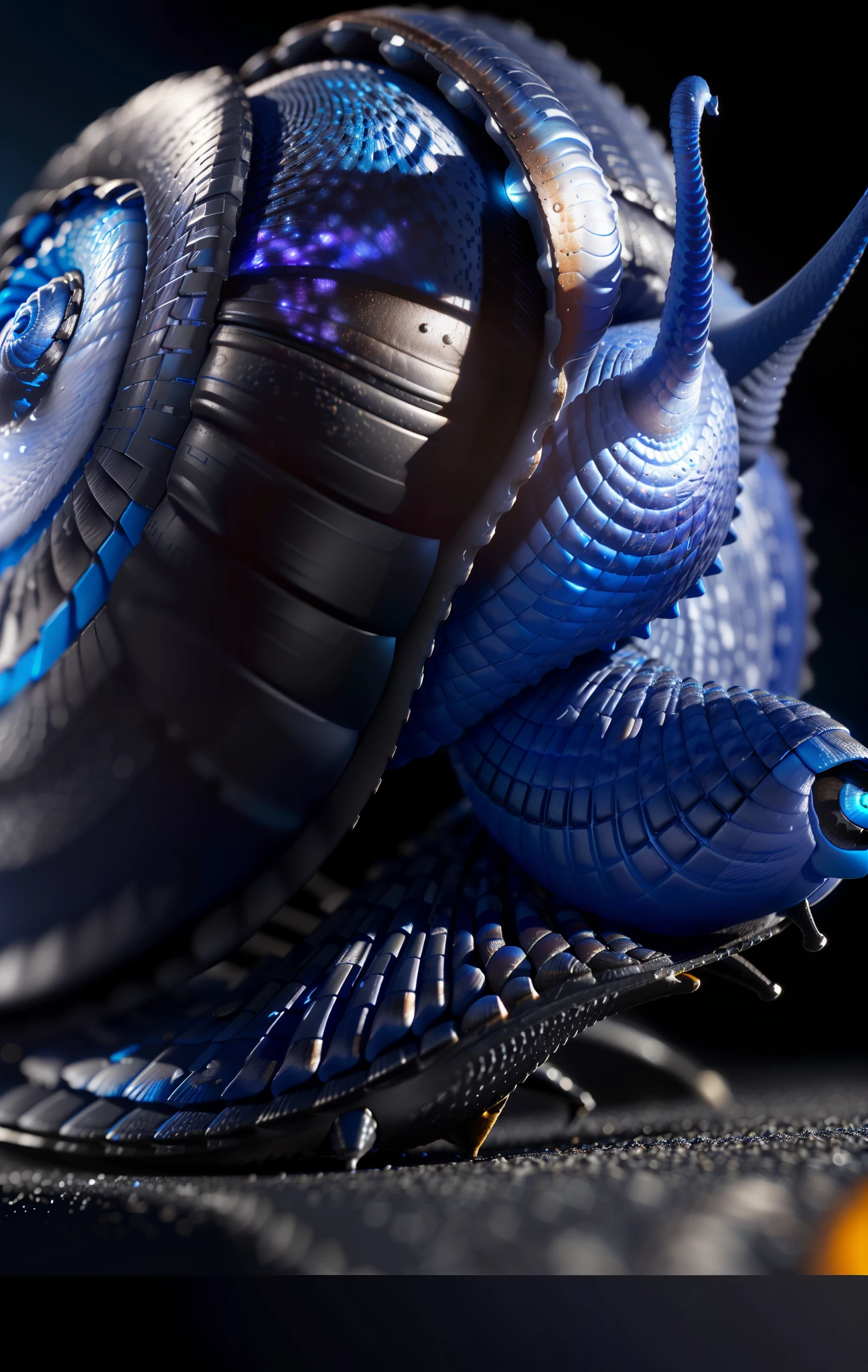 A closeup of a snail with a blue shell on a black surface, 8K macro photography, snails vs worms, snails, ultra-realistic octane rendering, hyper realistic 4K octane rendering, amazing octane rendering, snail, 8K octane octanerender, 4D cinematic rendering, insanely detailed octane rendering, closeup. macro. hyper realistic, 4k closeup