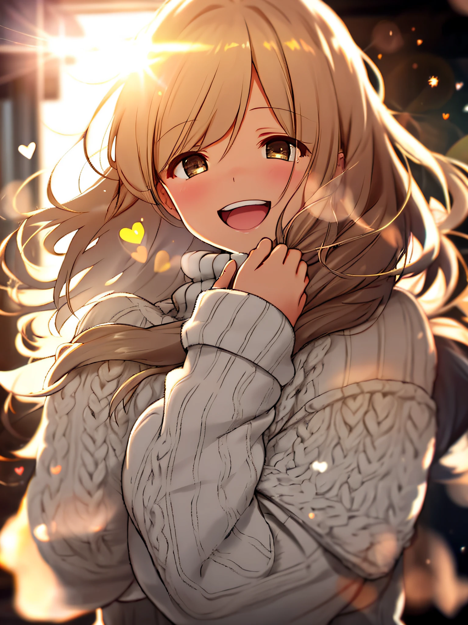 a girl, cosy sweater on, upper body, (huge Laughing:1.1), (open mouth:1.1), (wide open eyes:1.2), sun glare, bokeh, depth of field, blurry background, light particles, strong wind, (heart particles:1.1)