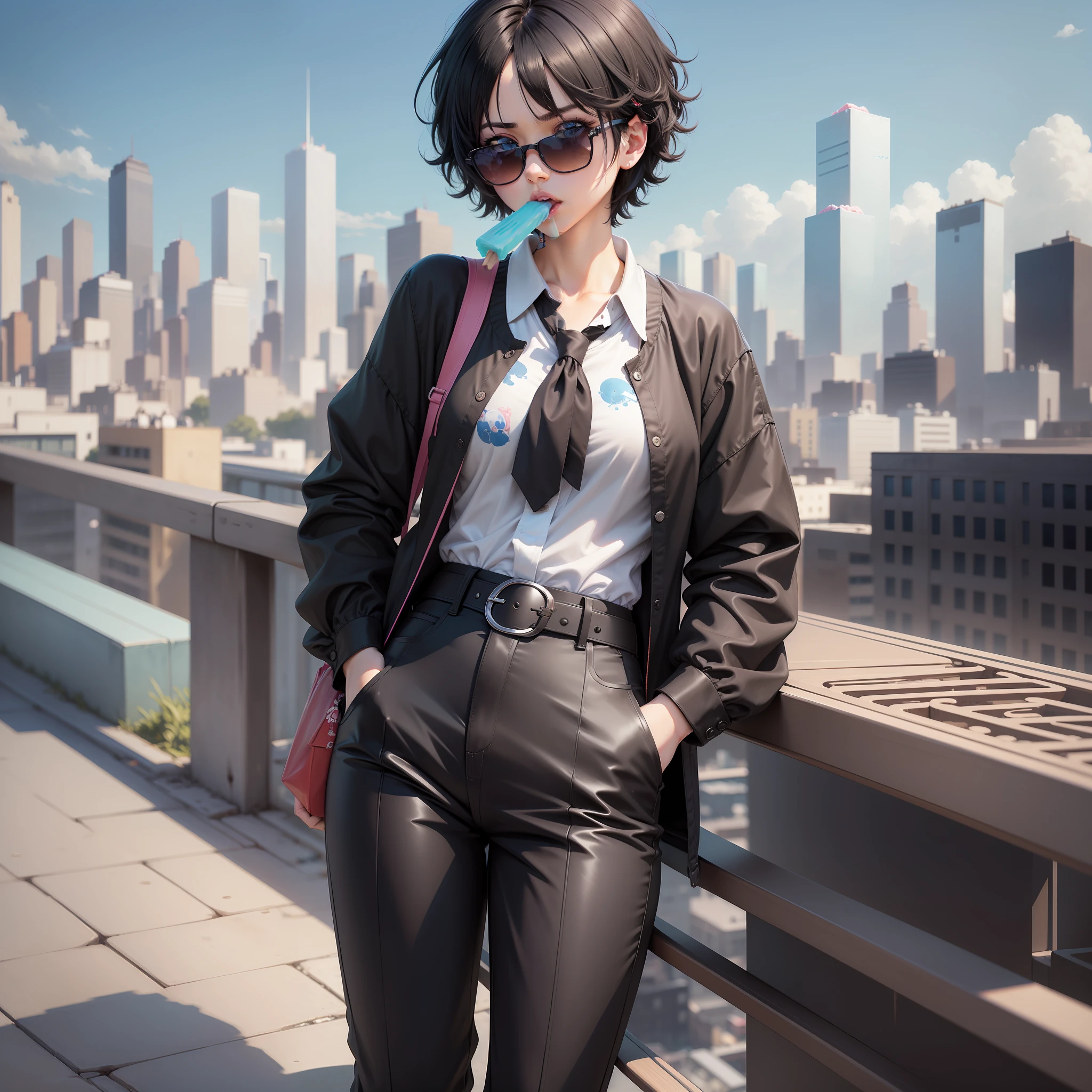 Anime character, black hair, short hair, messy hair, beautiful eyes, quiet look, blue eyes, cute background, perfectionism, city background, detailed, casual clothing, black pants, white shirt, shirt with print, cute character, standing, eating popsicle, belt in pants, sunglasses on collar, leaning on a table, cute background