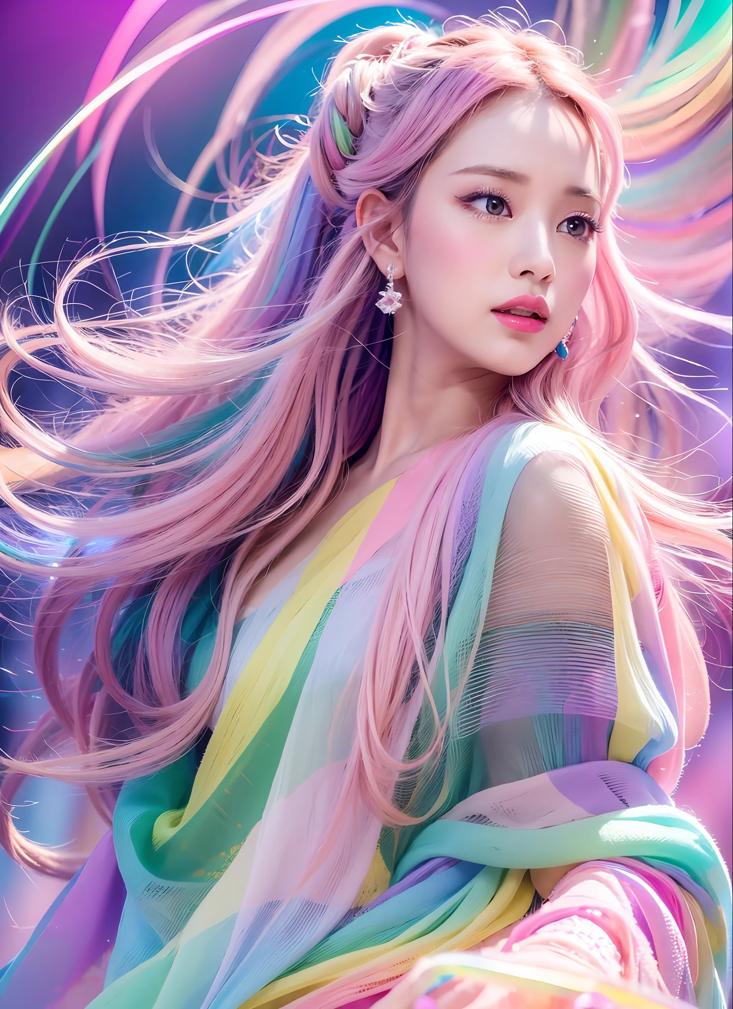 Generate images of women in high quality and with innovative artistic atmospheres that stand out in pastel colors. She has her own fashion style and is dressed in glamorous and soft pastel outfits. The background is a fantastic and dreamlike landscape, interwoven with pastel lights and abstract elements. Her poses are fluid and give a sense of natural movement and dynamism. The effects of light and shadow are attractively expressed, and the faces and expressions that are carefully depicted in detail are emotionally rich and attractive. The overall atmosphere is modern and novel, yet with a unique artistic touch. This image is of high quality and beautifully decorated in pastel colors, which will evoke visual stimulation and aesthetics, and will intrigue and surprise the viewer. She creates works that incorporate the vividness of pastel colors and artistic elements.