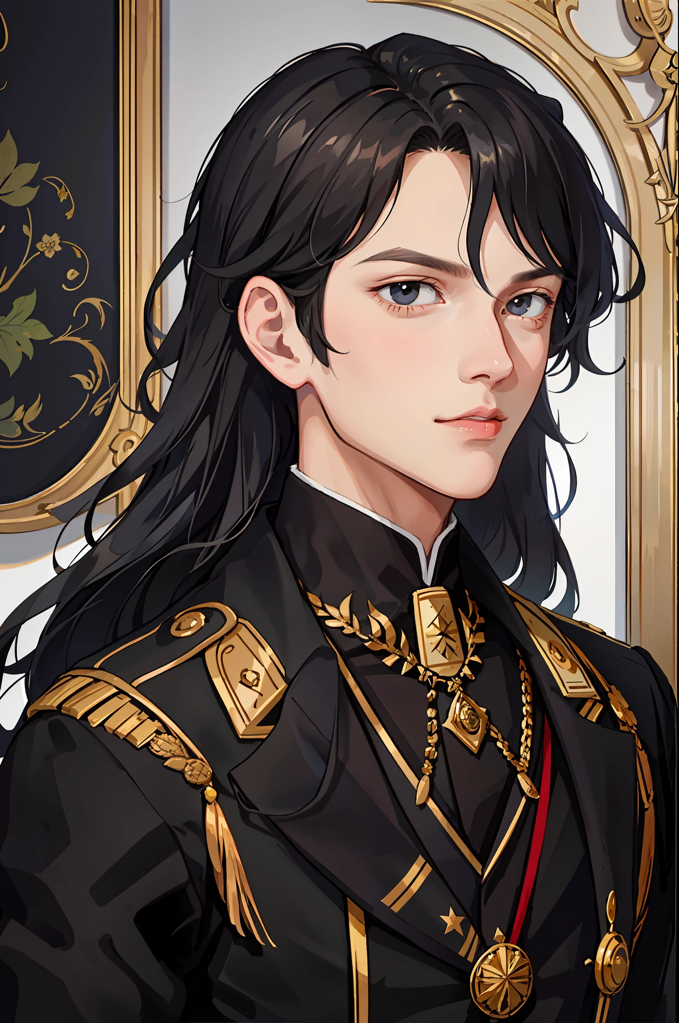 Portrait of an attractive young man, aristocrat, black curly hair, black eyes, black general's uniform, empire