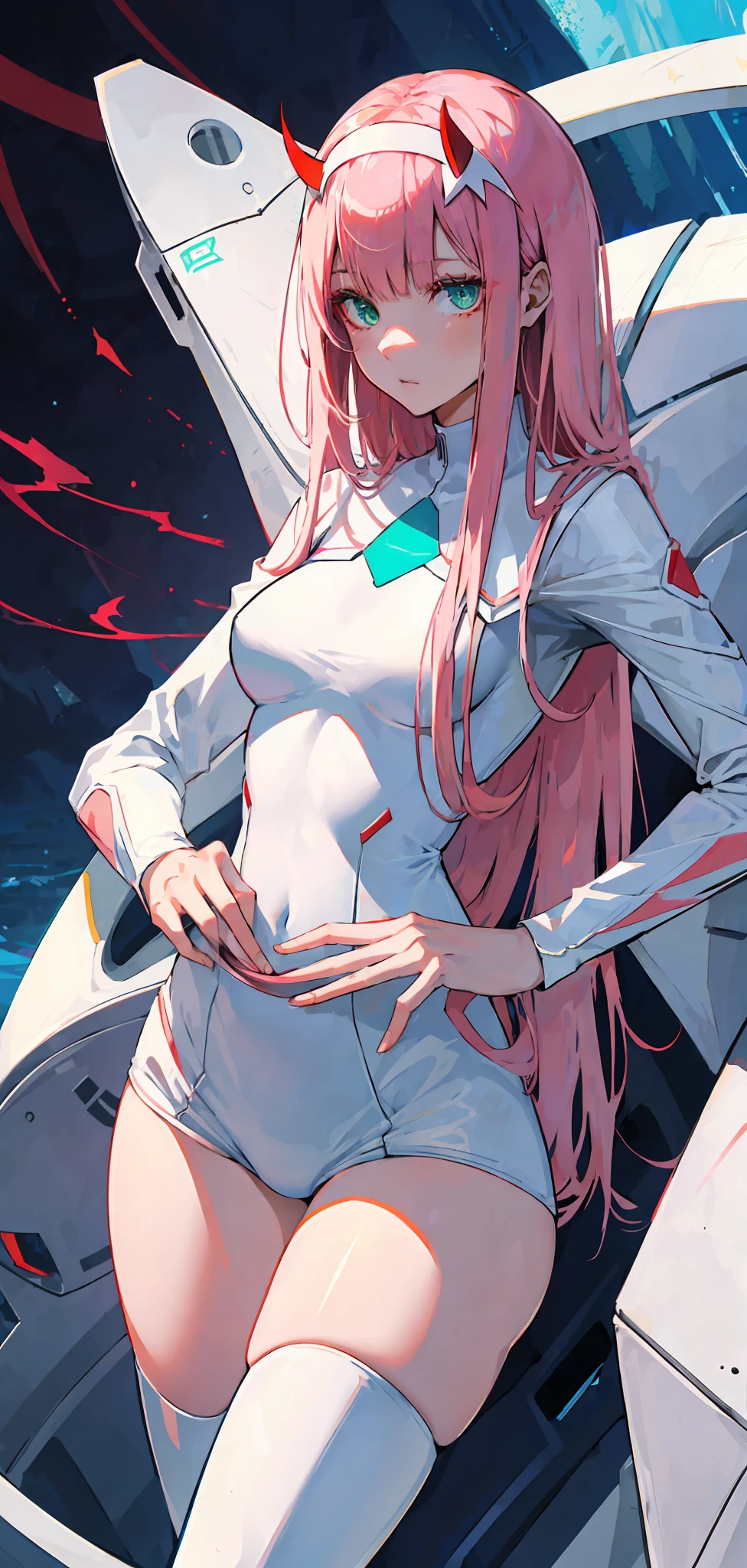 zero two \(darling in franxx\), darling in franxx, 1girl, bangs, bite, shadow, green eyes, hair behind head, horns, long hair, looking at viewer, big thighs, makeup, small breasts, pilot suit, white suit, pink hair, red eyeshadow, science fiction, tight skin, solo