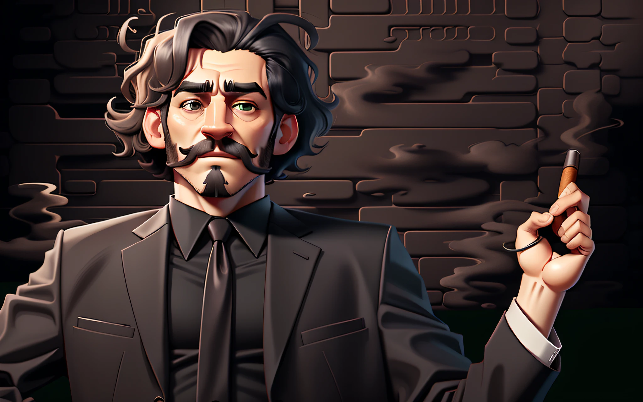 illustration of a man with a black shirt and tie and a green background, symmetrical portrait rpg avatar, cartoonish and simplistic, avatar for website, vector illustration, avatar image, with serious facial expression, cartoonish vector style, your personal data avatar, serious cartoon, wikihow illustration, serious business, datanft as a data avatar, holding in his right hand a cigar access coming out smoke