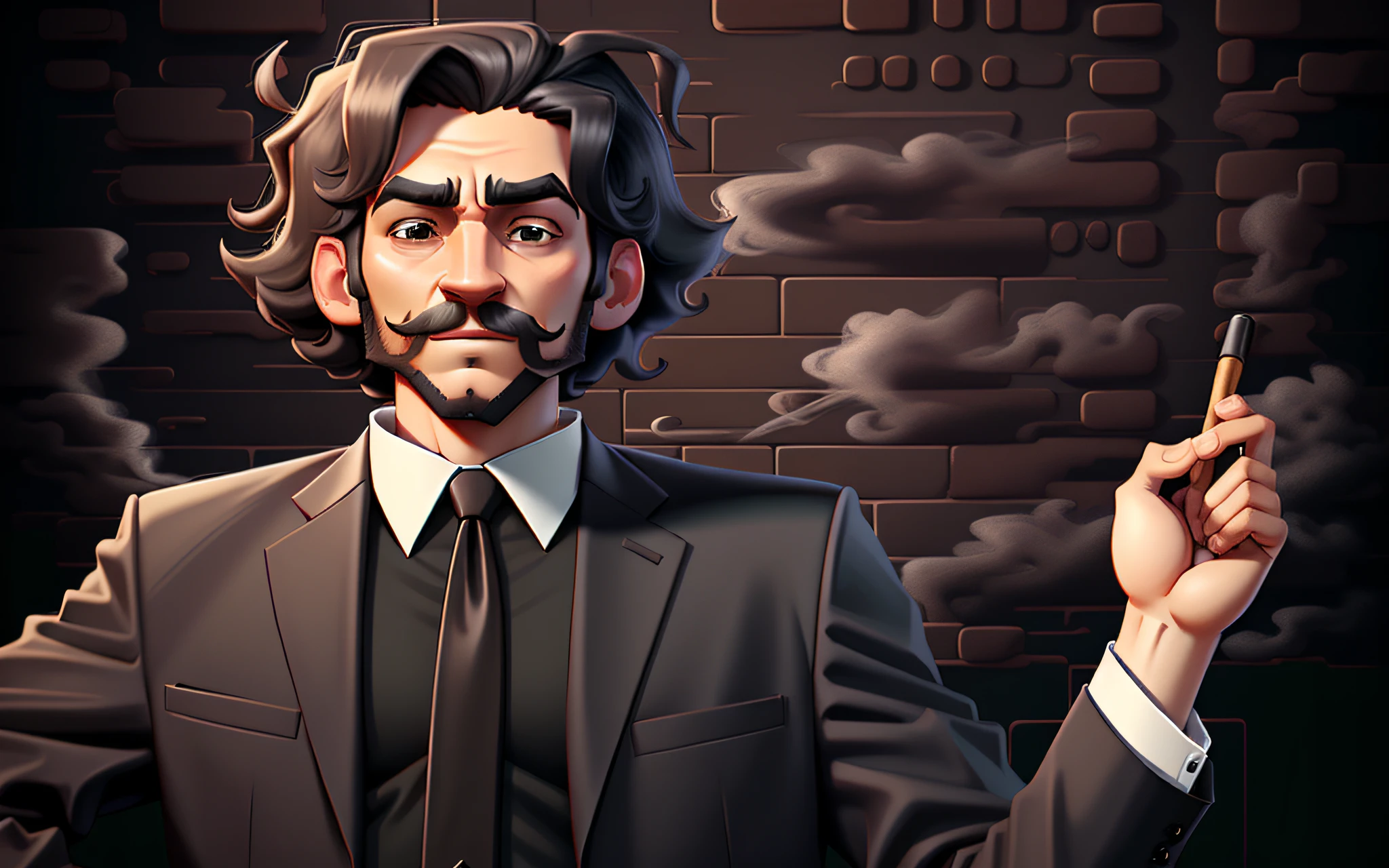 illustration of a man with a black shirt and tie and a green background, symmetrical portrait rpg avatar, cartoonish and simplistic, avatar for website, vector illustration, avatar image, with serious facial expression, cartoonish vector style, your personal data avatar, serious cartoon, wikihow illustration, serious business, datanft as a data avatar, holding in his right hand a cigar access coming out smoke