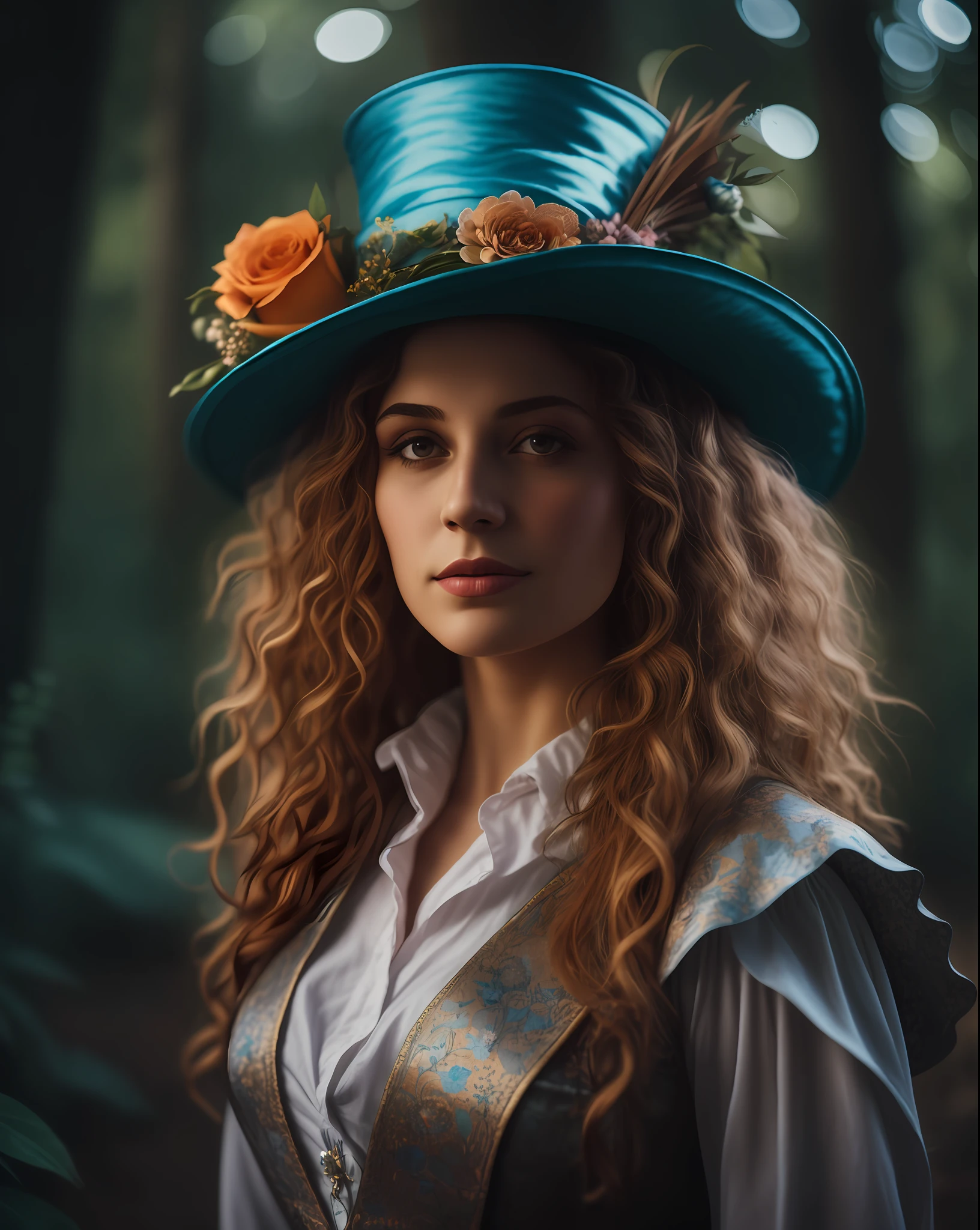 There is a woman with a hat that has flowers, Female Mad Hatter, Portrait of Alice in Wonderland, Portrait of a Young Witch, Fantasy Genre Portrait, Alice in Wonderland Style, Fantasy Portrait, The Madhatter, Portrait Shot, Fairy Woman Portrait, Fairy Tale Witch, 4K Color Photography Portrait, Fantasy Character Photo, Fantasy photoshoot, (Hair in high definition), (body in high definition)