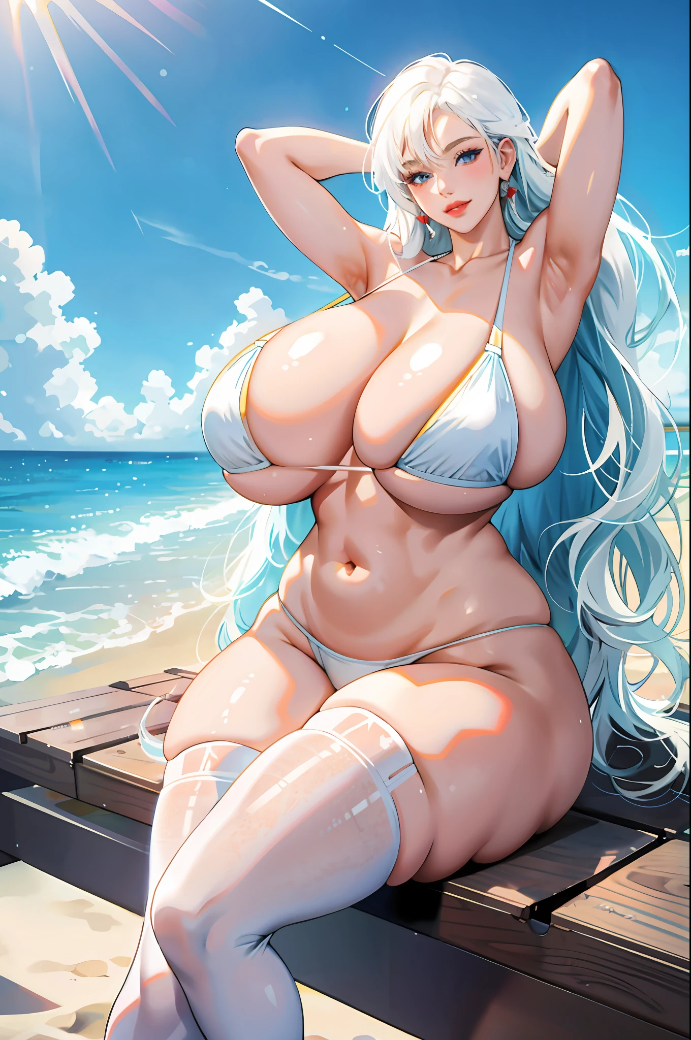 1girl,(perfect anatomy:1.4), areola slip, armpits, arms behind head, arms up, bangs, beach, bikini, blue eyes, blue sky, breasts, cleavage, covered, curvy,red lipstick,(milf),seductive smile,sexy:, day, (gigantic breasts:1.4), lips, long hair, looking at viewer, micro bikini, navel, ocean, outdoors, parted lips, sitting, skindentation, sky, solo, swimsuit, thick thighs, thighhighs, thighs, very long hair, wet,( white bikini:1.2), white hair, white thighhighs,realistic, (shiny skin:1.2),(masterpiece:1.4),(best quality:1.4),(shiny skin),realistic ,  pureerosface_v1