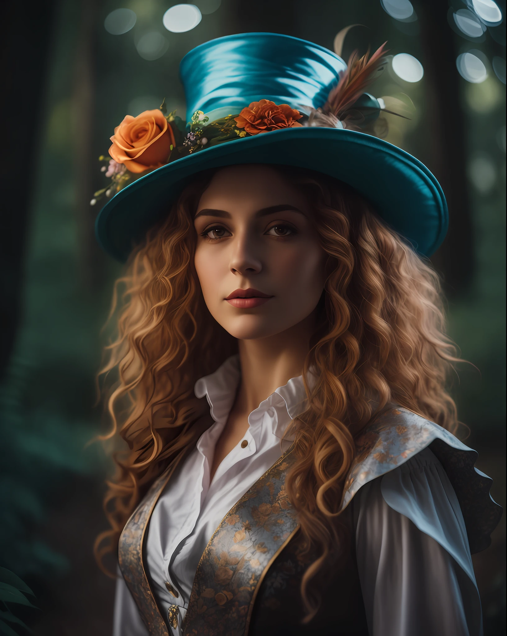 There is a woman with a hat that has flowers, Female Mad Hatter, Portrait of Alice in Wonderland, Portrait of a Young Witch, Fantasy Genre Portrait, Alice in Wonderland Style, Fantasy Portrait, The Madhatter, Portrait Shot, Fairy Woman Portrait, Fairy Tale Witch, 4K Color Photography Portrait, Fantasy Character Photo, Fantasy photoshoot, (Hair in high definition), (body in high definition)