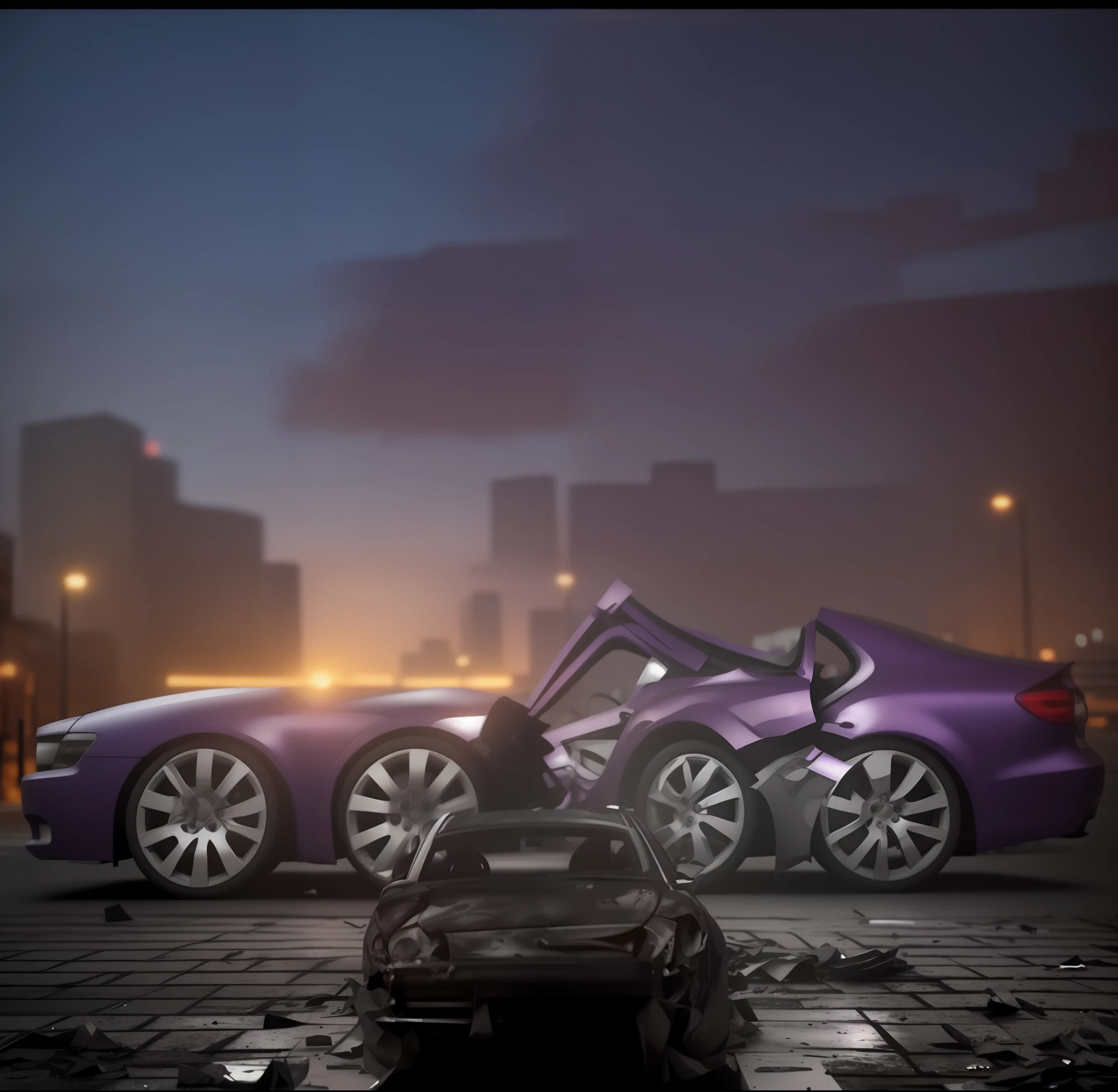 purple car, cityscape,render vfx hyperrealistic, car accident, music video, render vfx hyperrealistic, render 3 d and matte paint, render vfx, realistc octane render, gta 6 style