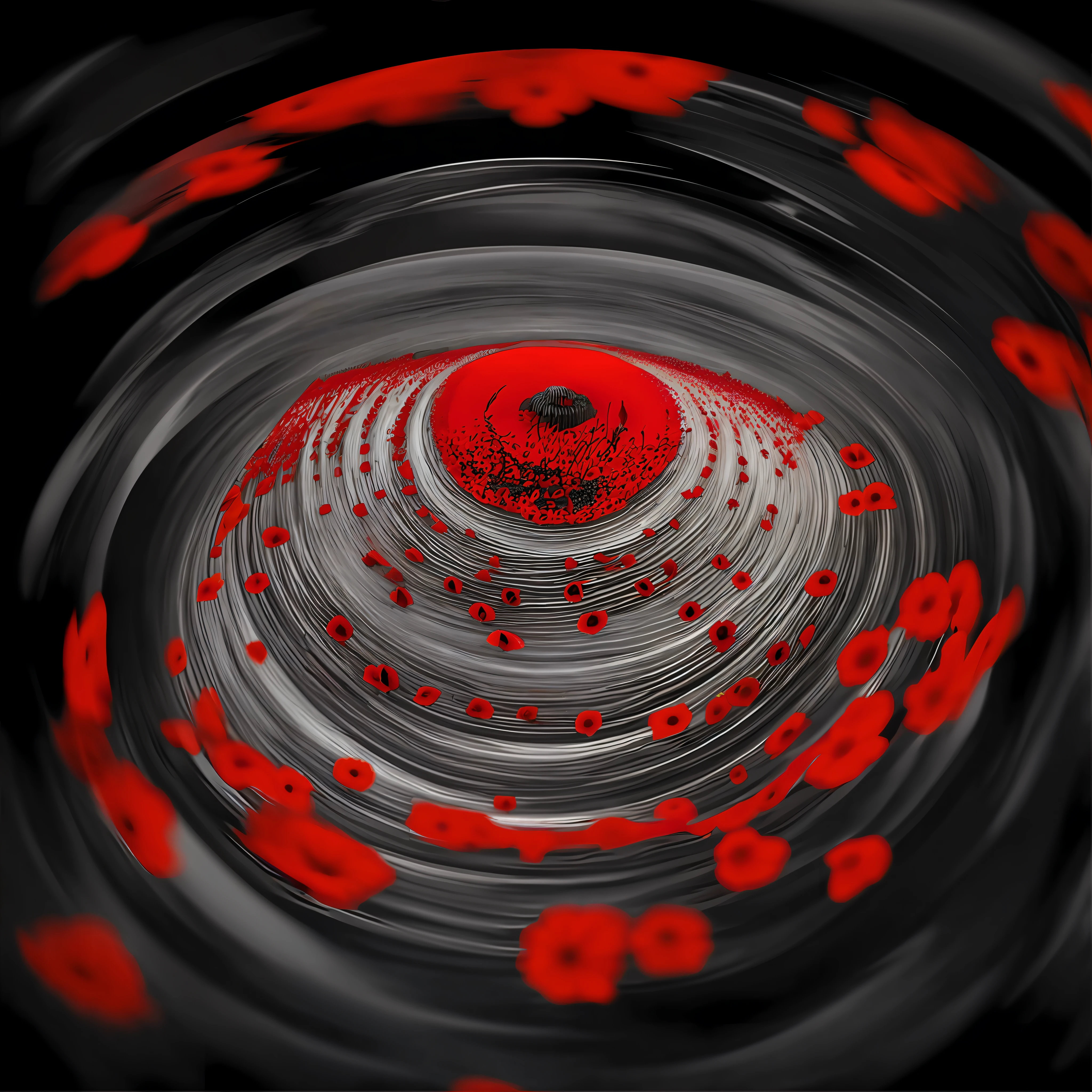 a close up of a red and black circular object with a lot of red flowers, swirling around, turbulence, swirling, poppies, poppy, dead but beautiful. poppies, by Chris Friel, inspired by Chris Friel, red poppies, looking up. poppies, spiraling, whirling, prize winning color photo, rippling, by Jan Rustem