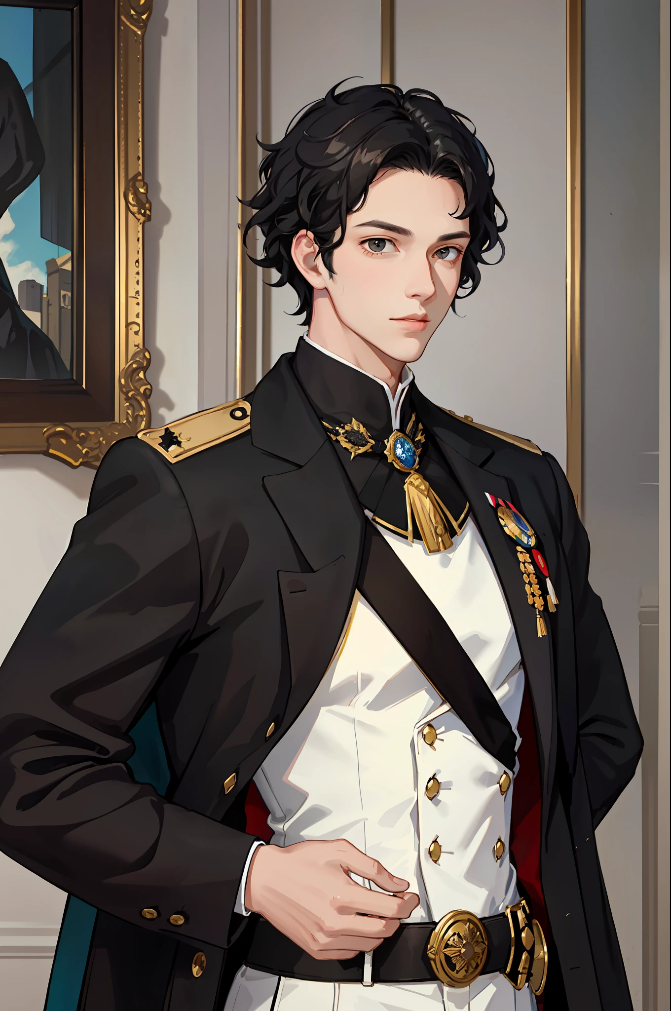 Portrait of an attractive young man, aristocrat, black curly hair, black eyes, black general's uniform, empire