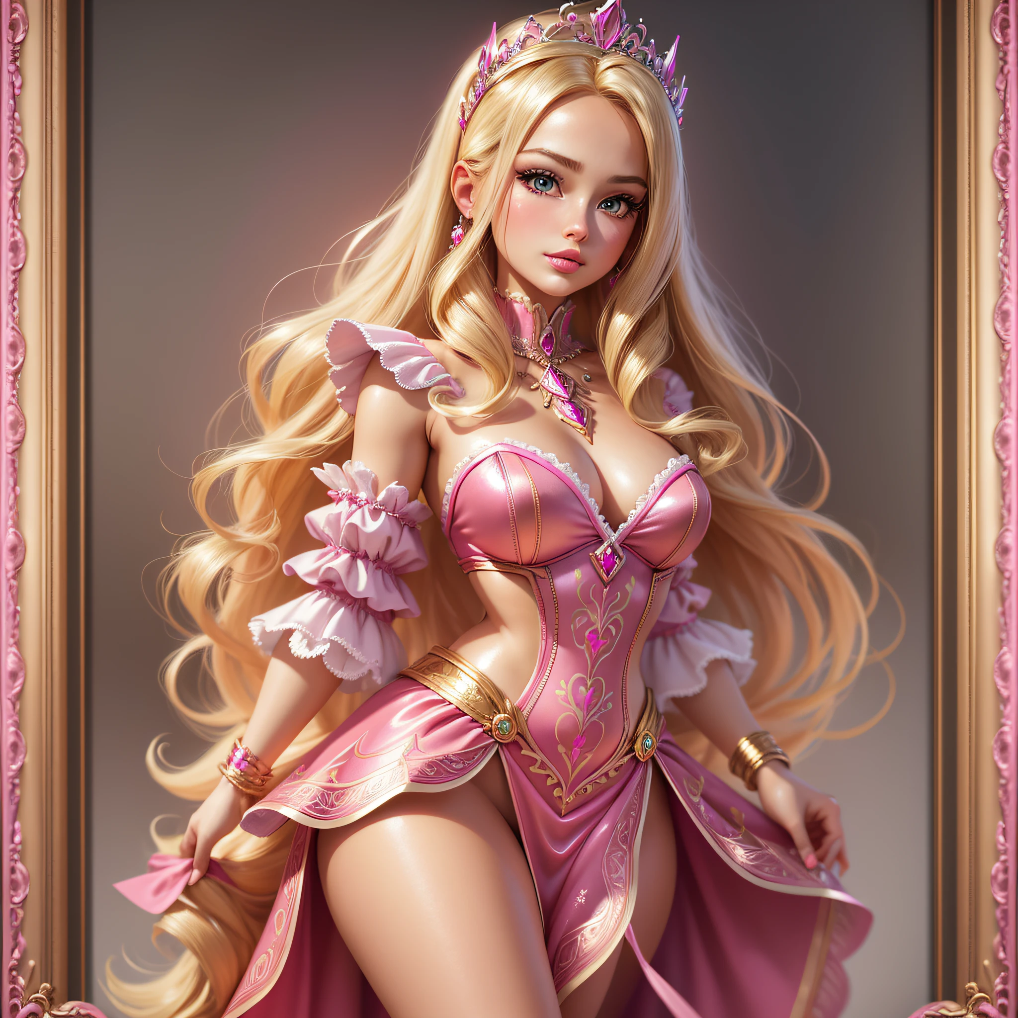 Create an illustration of beautiful hyper realistic girl, barbie style drawing,dancing, exquisite details, blonde hair, pink dress, shiny little tiara, hyper-detailed painting, full body framing, 4K resolution, cinematic, hand-drawn artistic trends, details reminiscent of Barbie, bold lines, on paper. --auto --s2